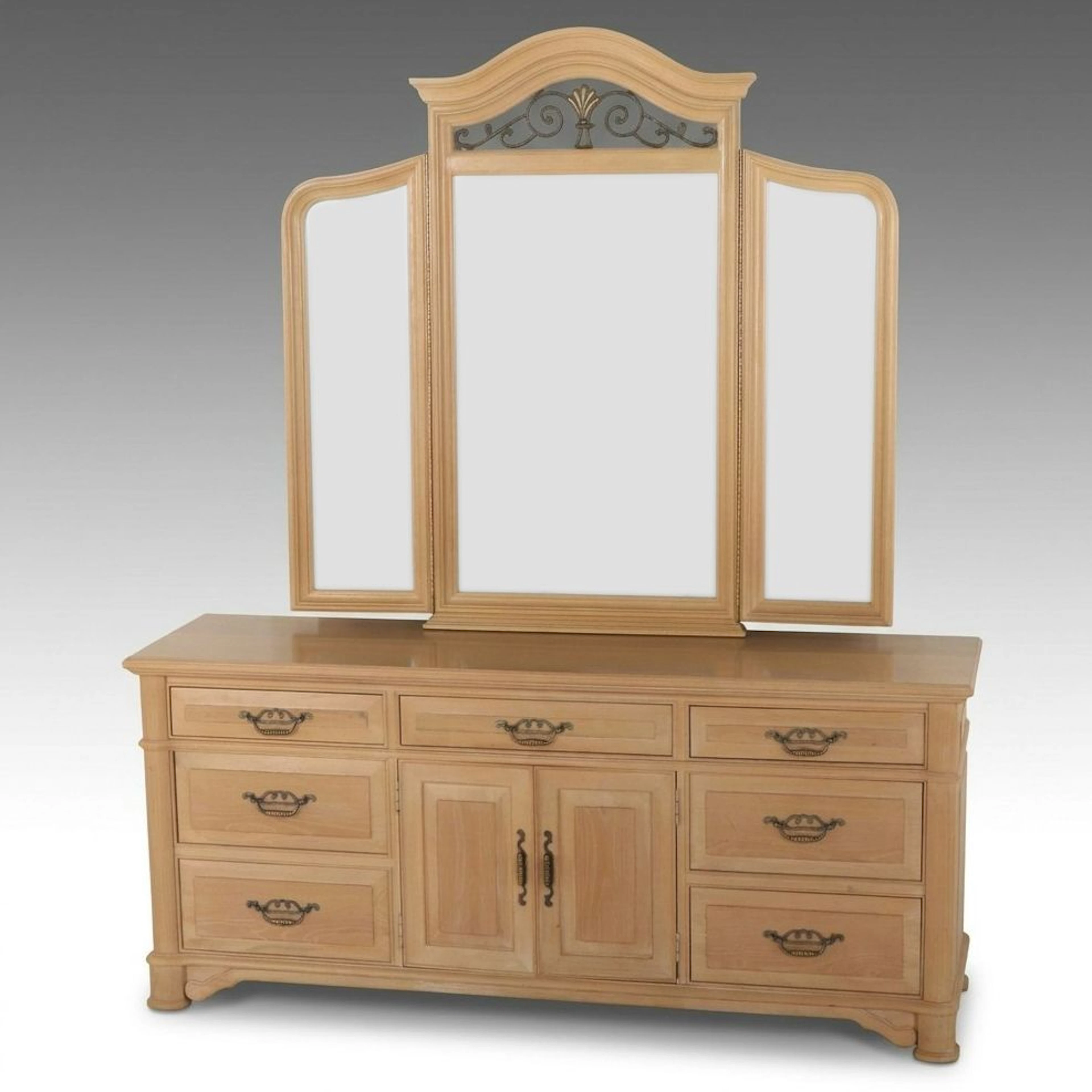 Thomasville French Country Style Blonde Wood Dresser with Tri-Fold Mirror