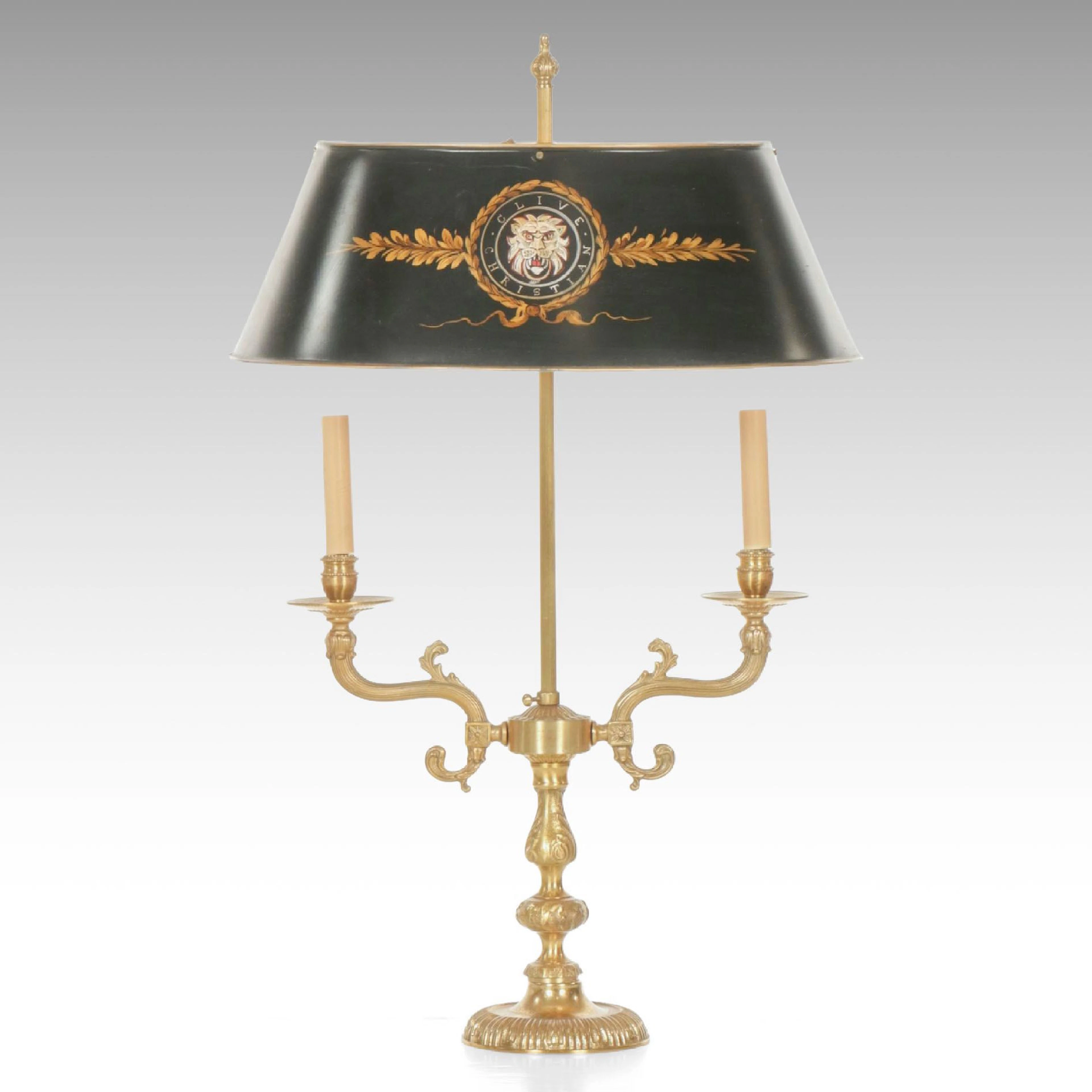 Empire Style Brass Bouillotte Lamp with Clive Christian Tole Shade, Vintage