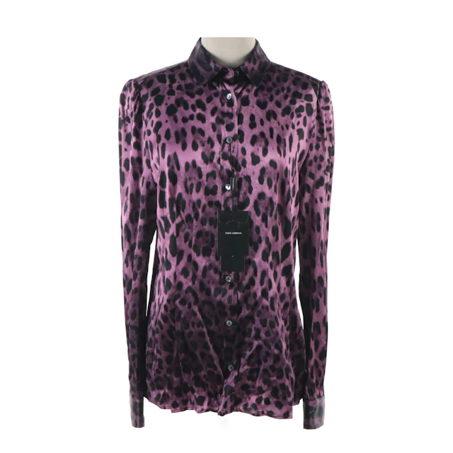 Dolce & Gabbana Long Sleeve Button-Up Top in Purple Leopard Print
