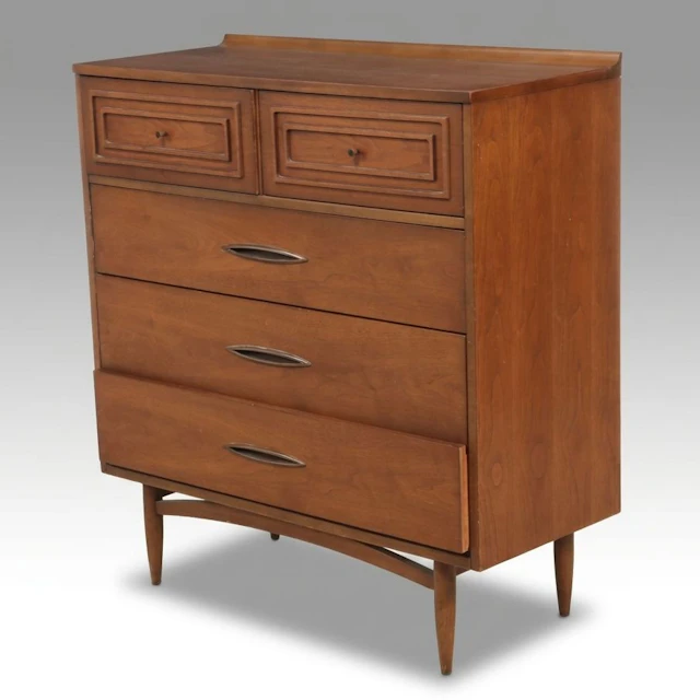 Broyhill Sculptra Mid Century Modern Walnut Tallboy Chest of Drawers