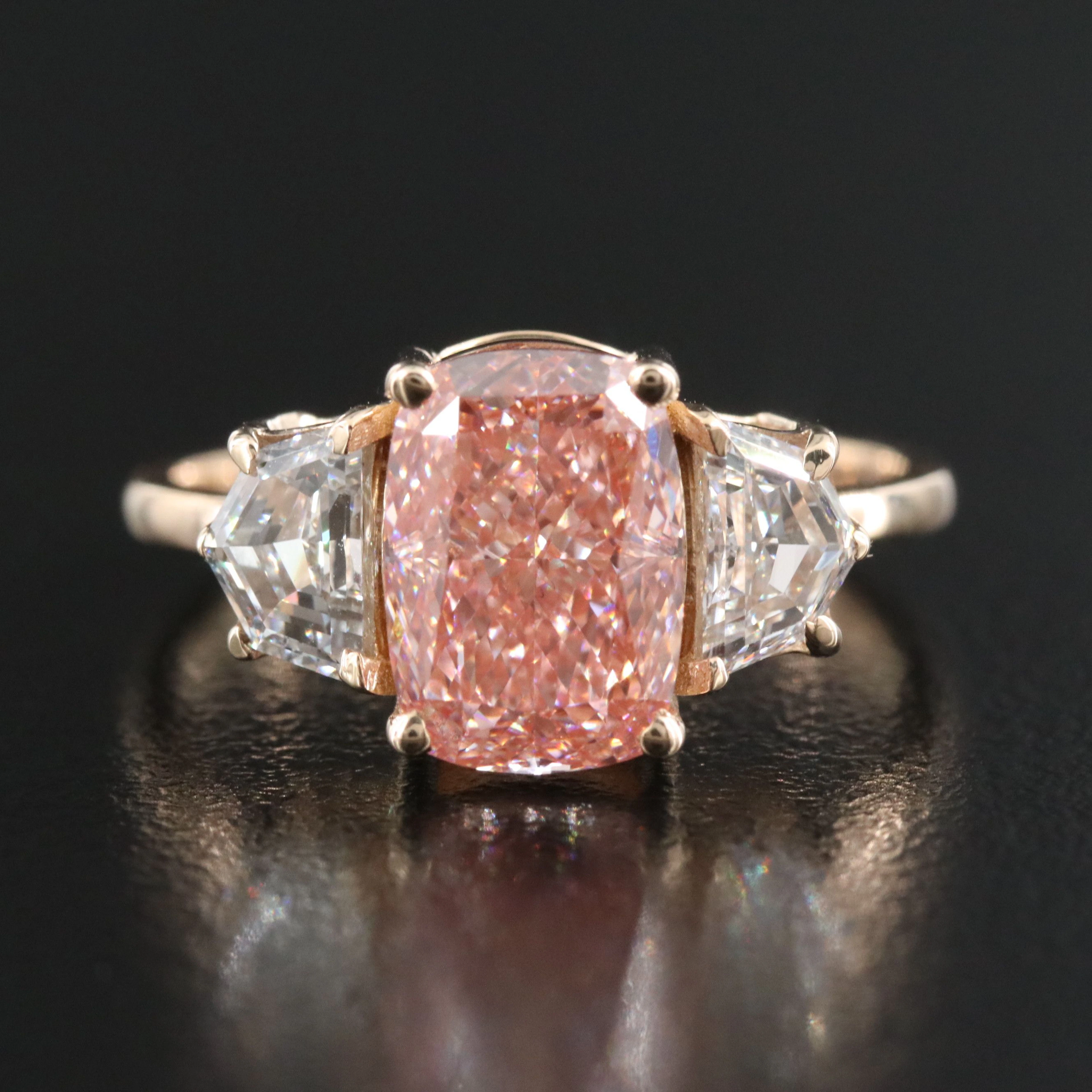 14K 3.51 CTW Lab Grown Diamond Ring with Fancy Vivid Pink Center & IGI Report