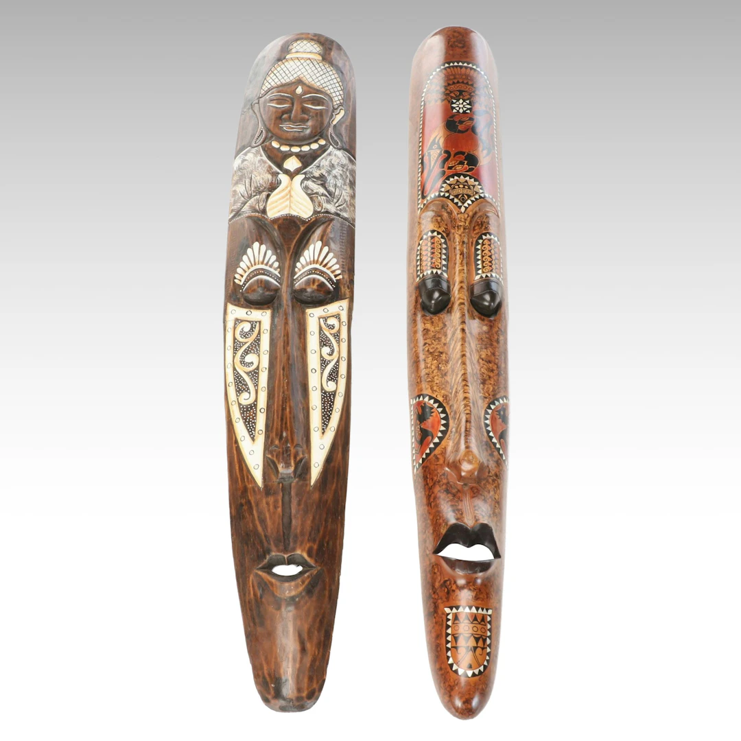 Pair of Hand-Painted Carved Wood Souvenir Wall Masks