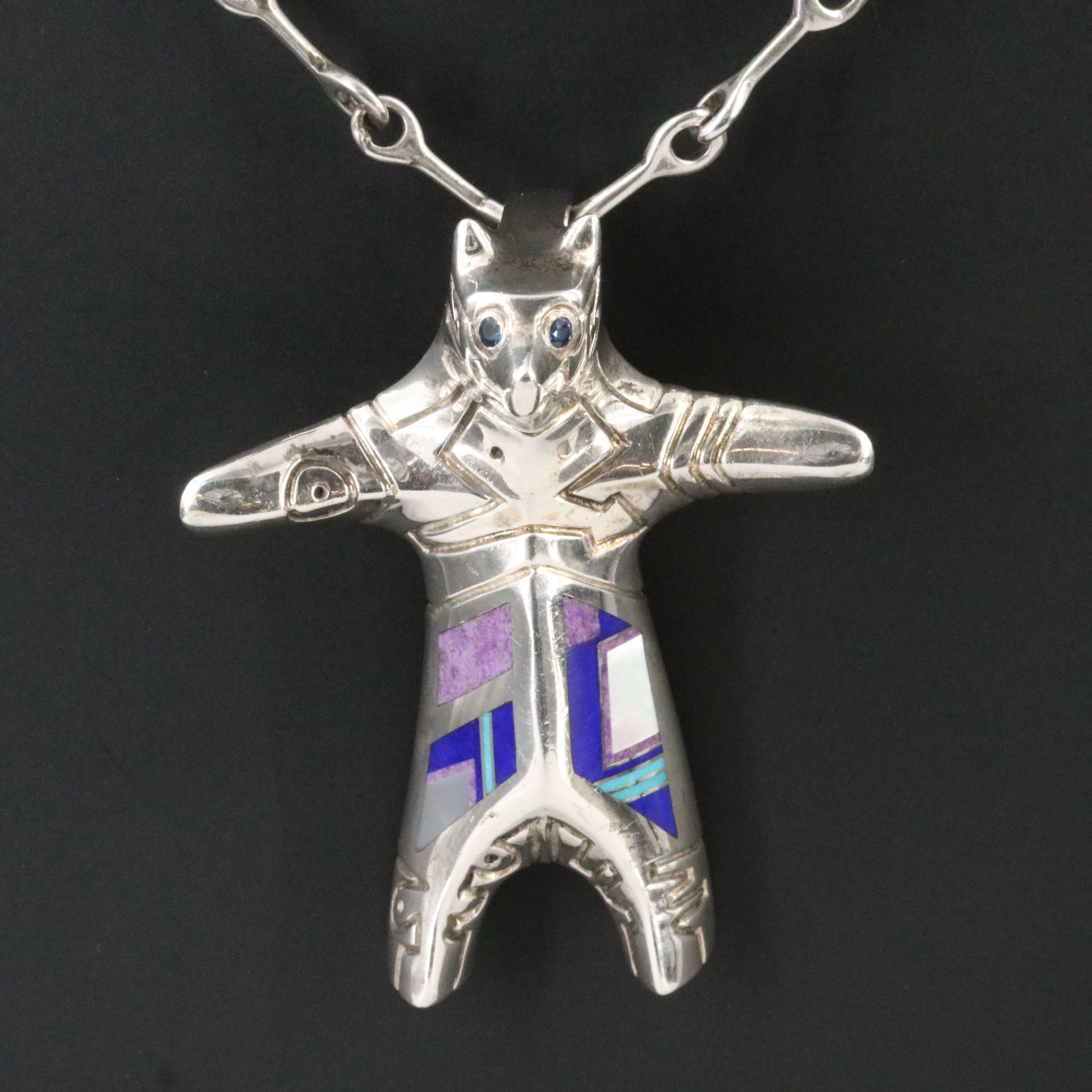 Southwestern Sterling Sugilite, Mother-of-Pearl & Lapis Lazuli Bear Necklace