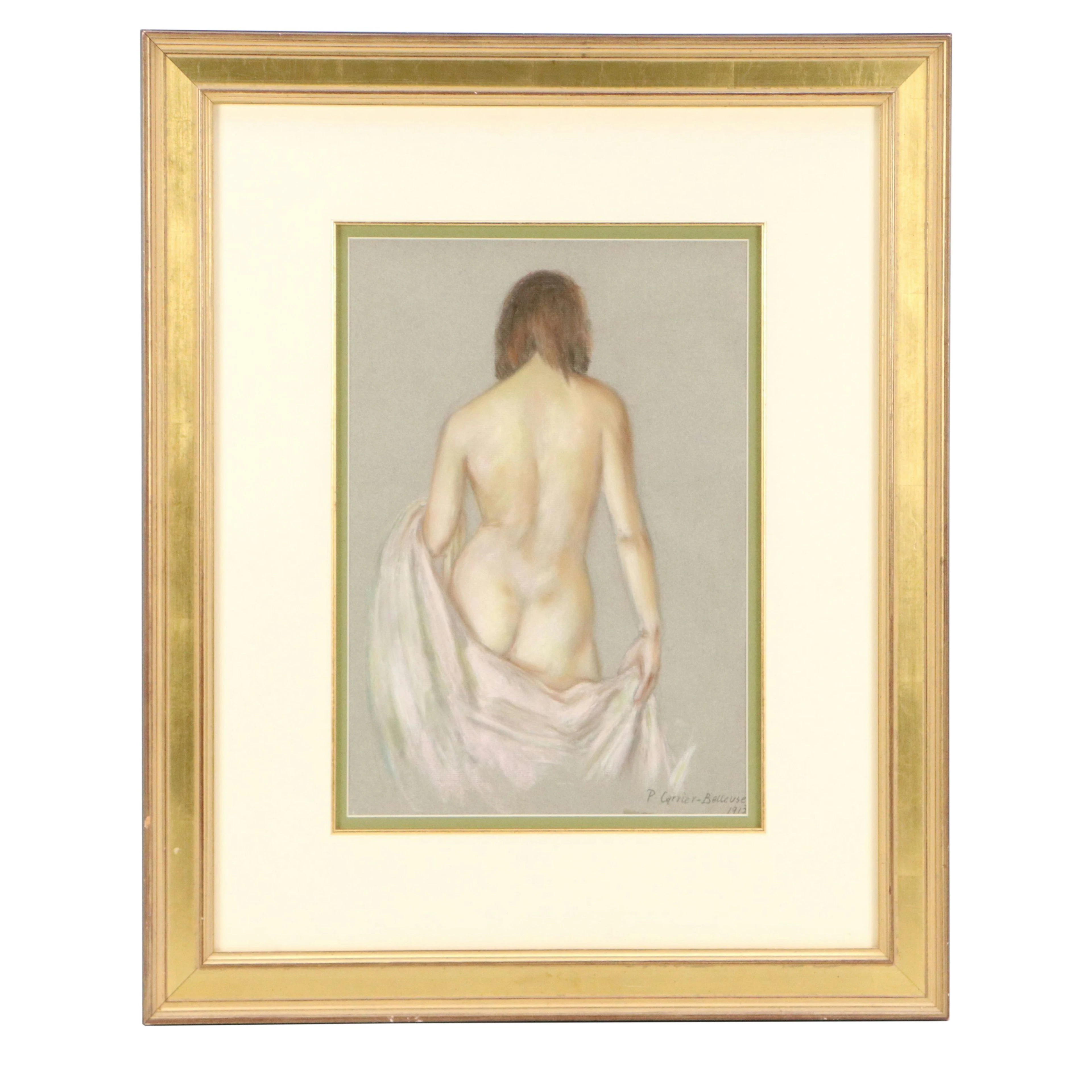 Pierre Carrier-Belleuse Chalk Pastel Drawing of Nude Woman with Drapery