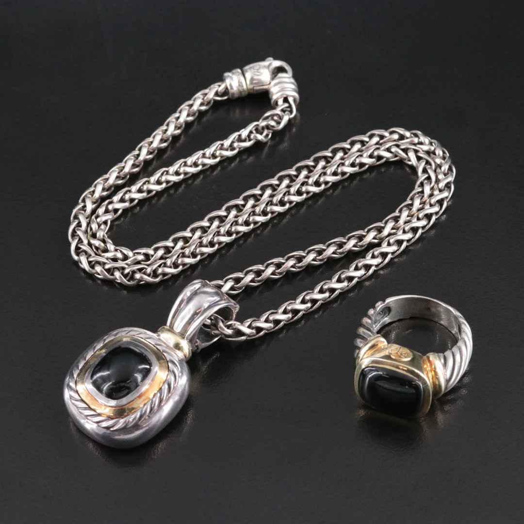David Yurman Sterling,14K and Black Onyx Albion Enhancer and Noblesse Ring
