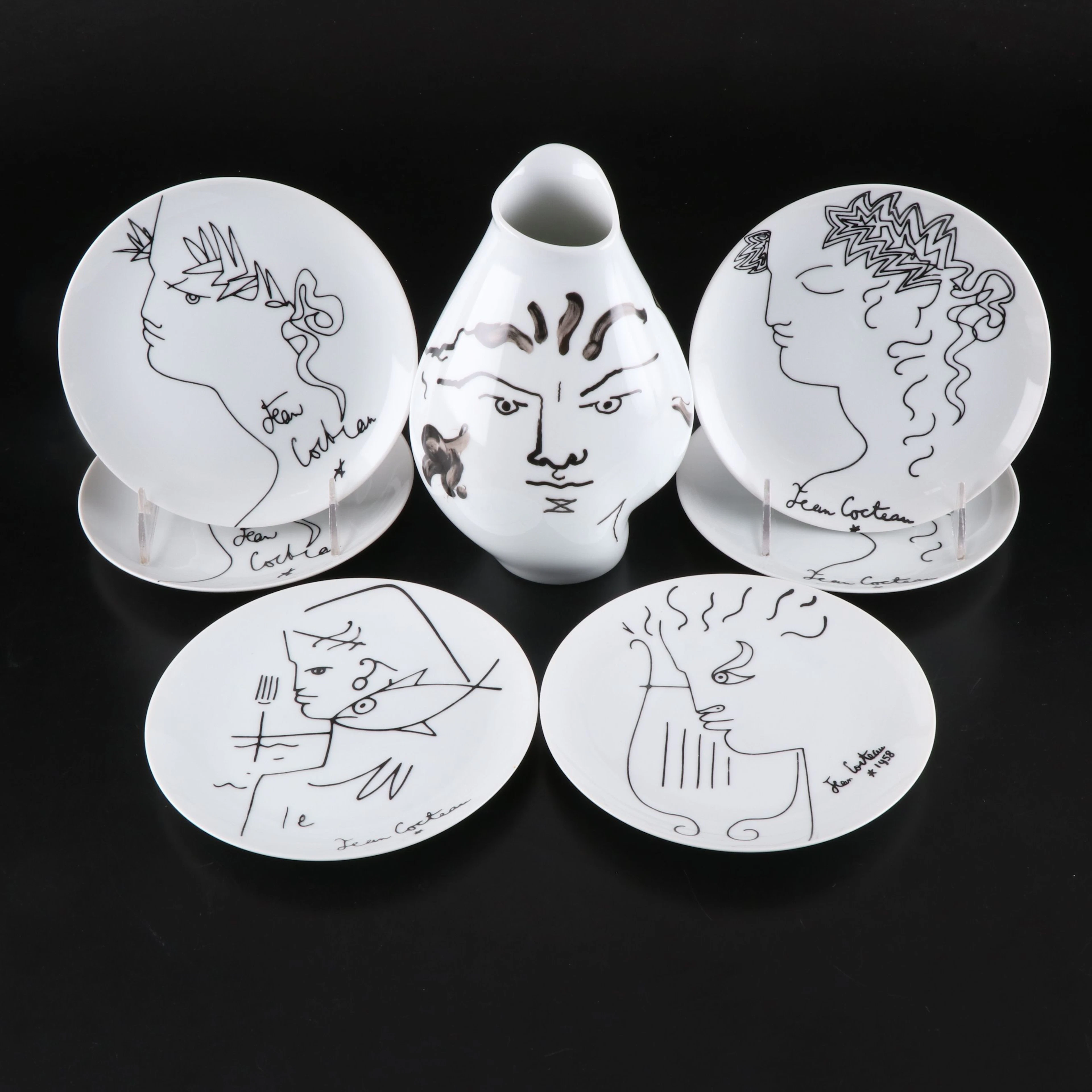 Jean Cocteau Limoges Porcelain Plates and Rosenthal Vase, Mid-20th Century