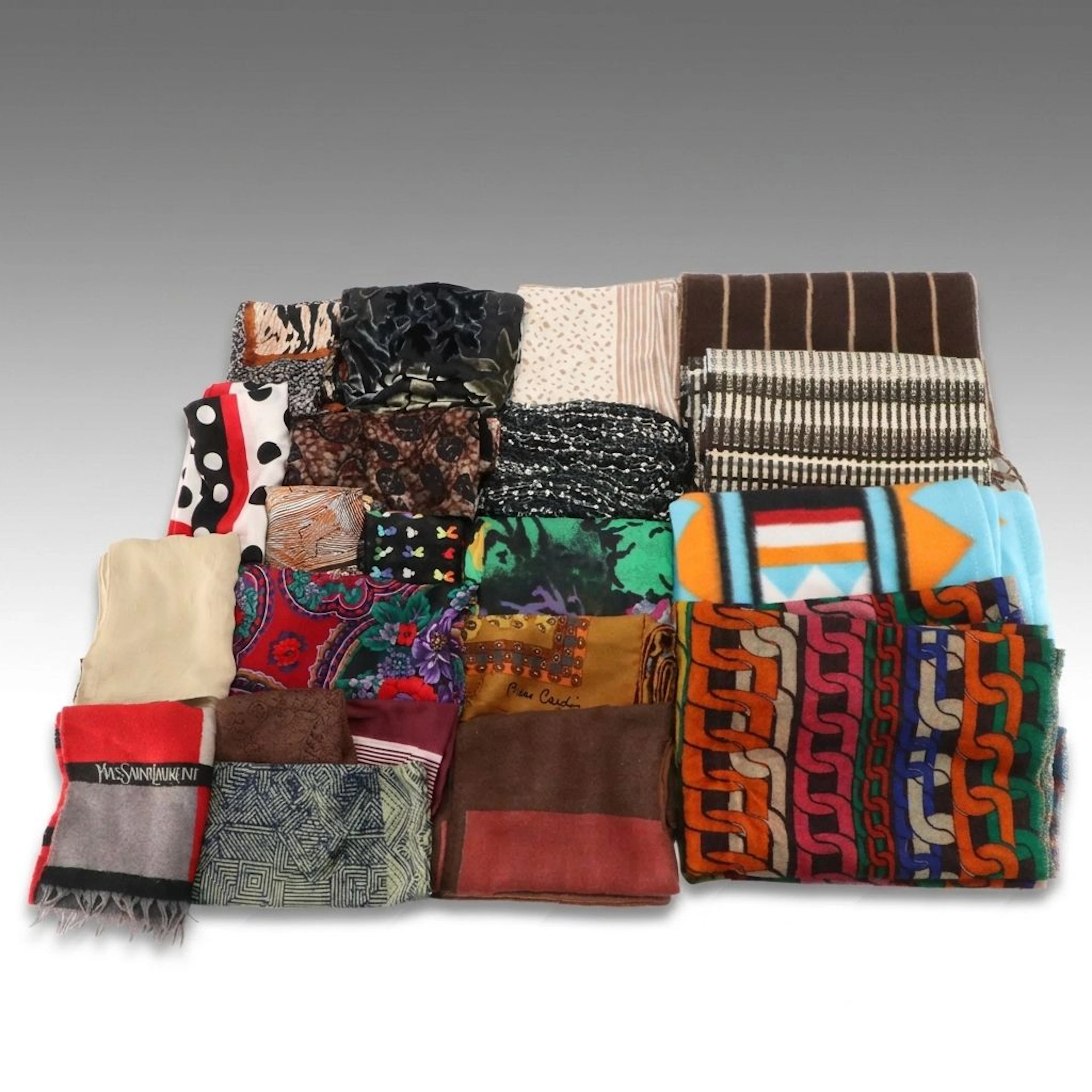 Giorgio Armani Silk, Yves Saint Laurent Wool Check & Other Scarves/Pocket