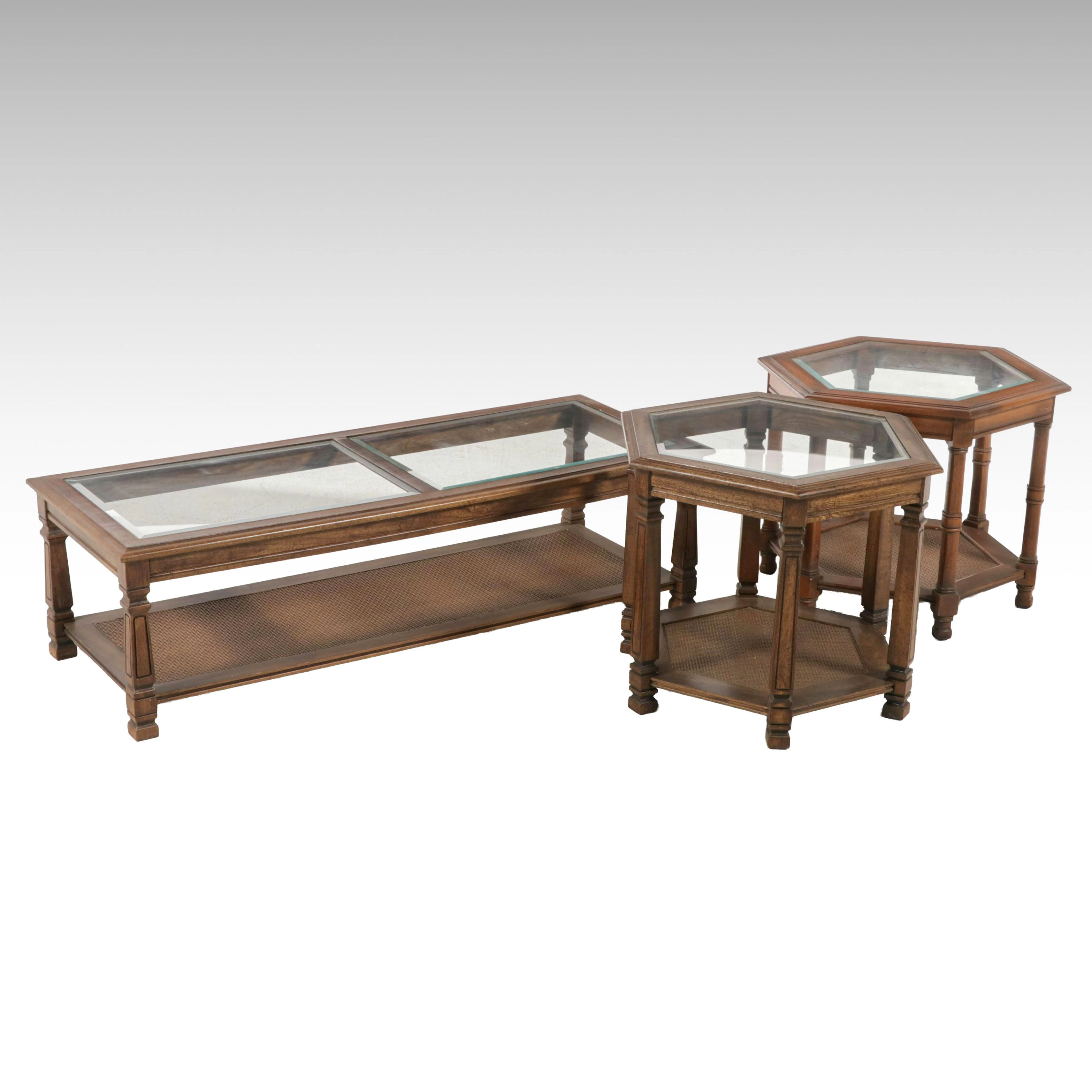 French Provincial Style Glass Top and Caned Wood Coffee and Hexagonal