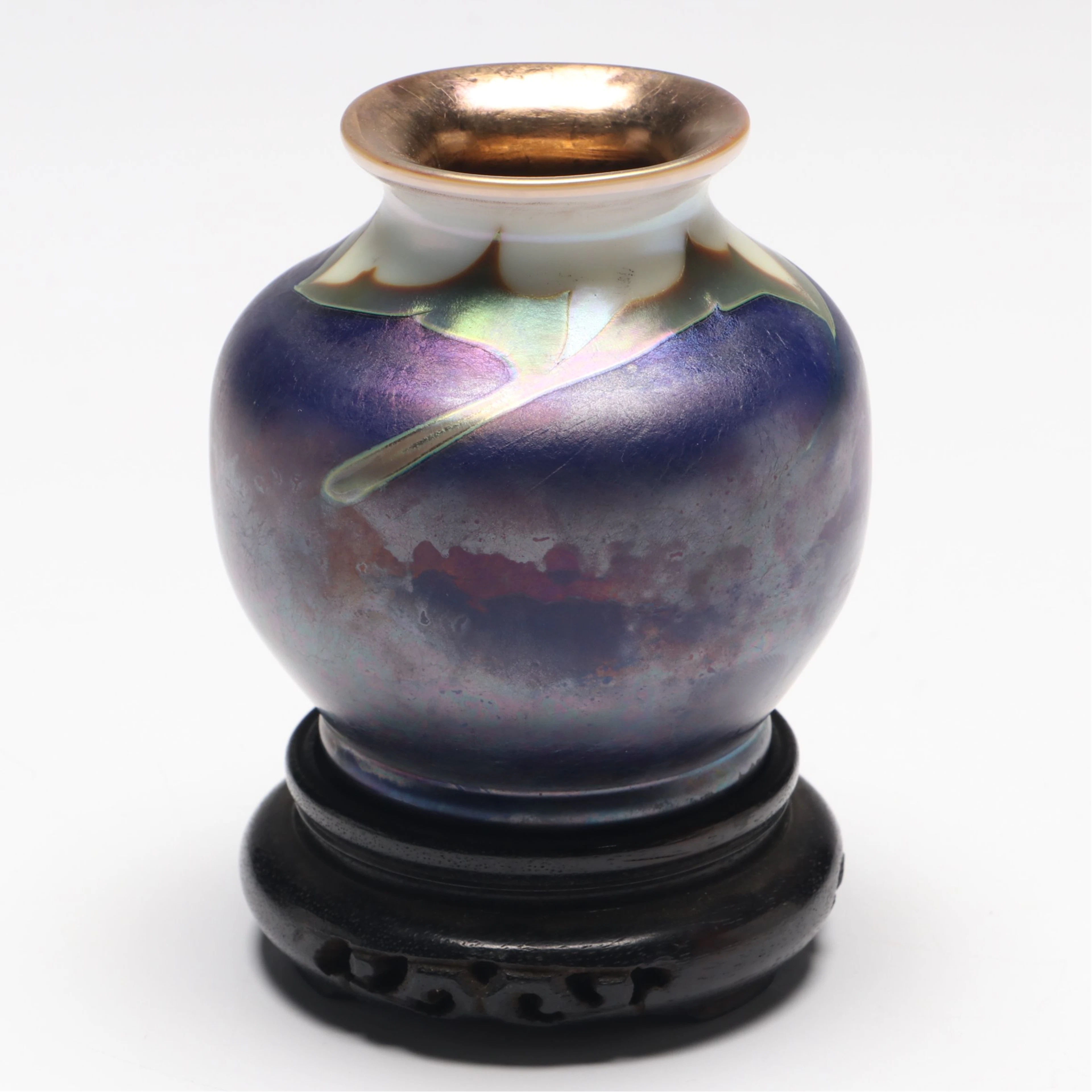 Tiffany Style Art Glass Bud Vase on Wood Base