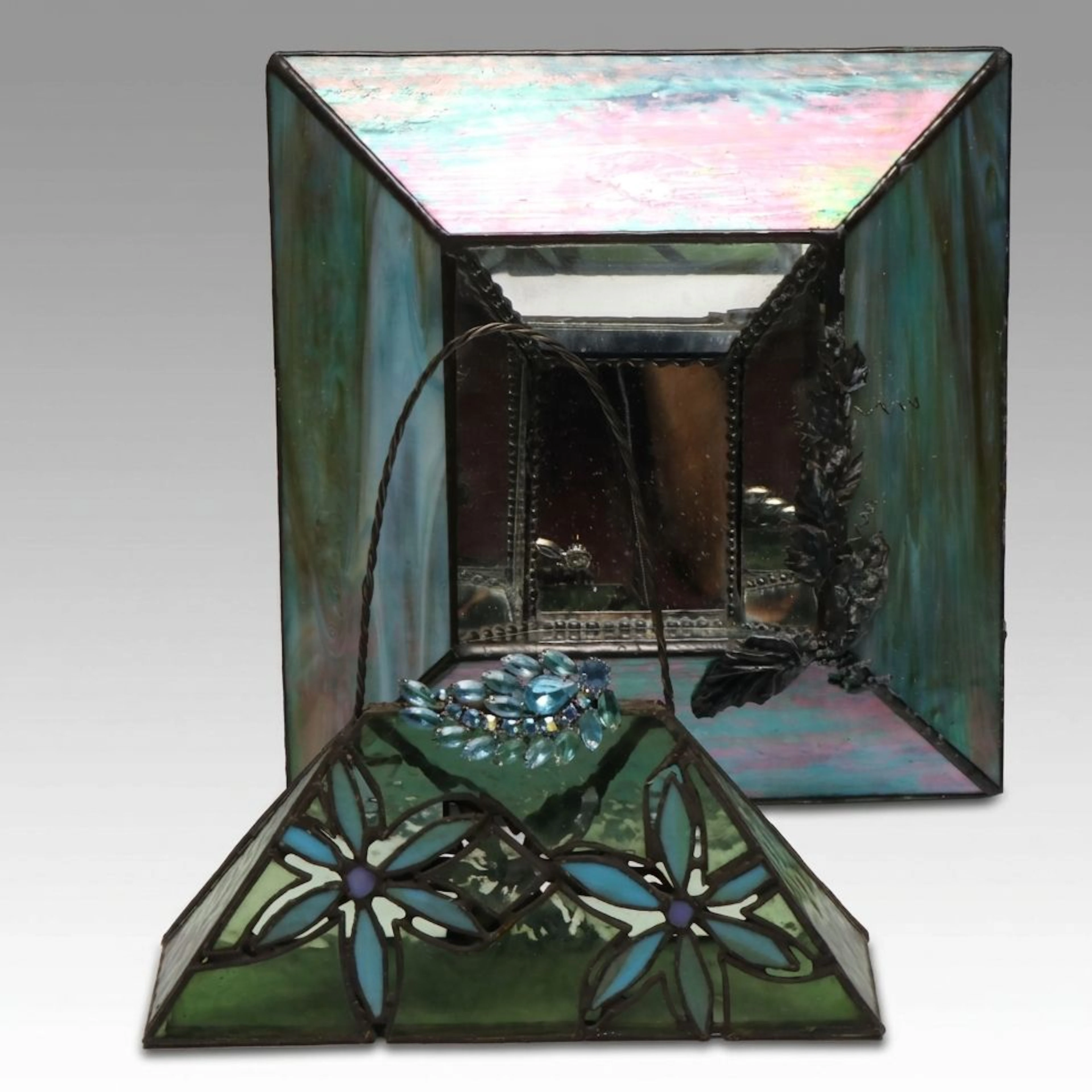 Iridescent Slag Glass Beveled Wall Mirror and Decorative Purse