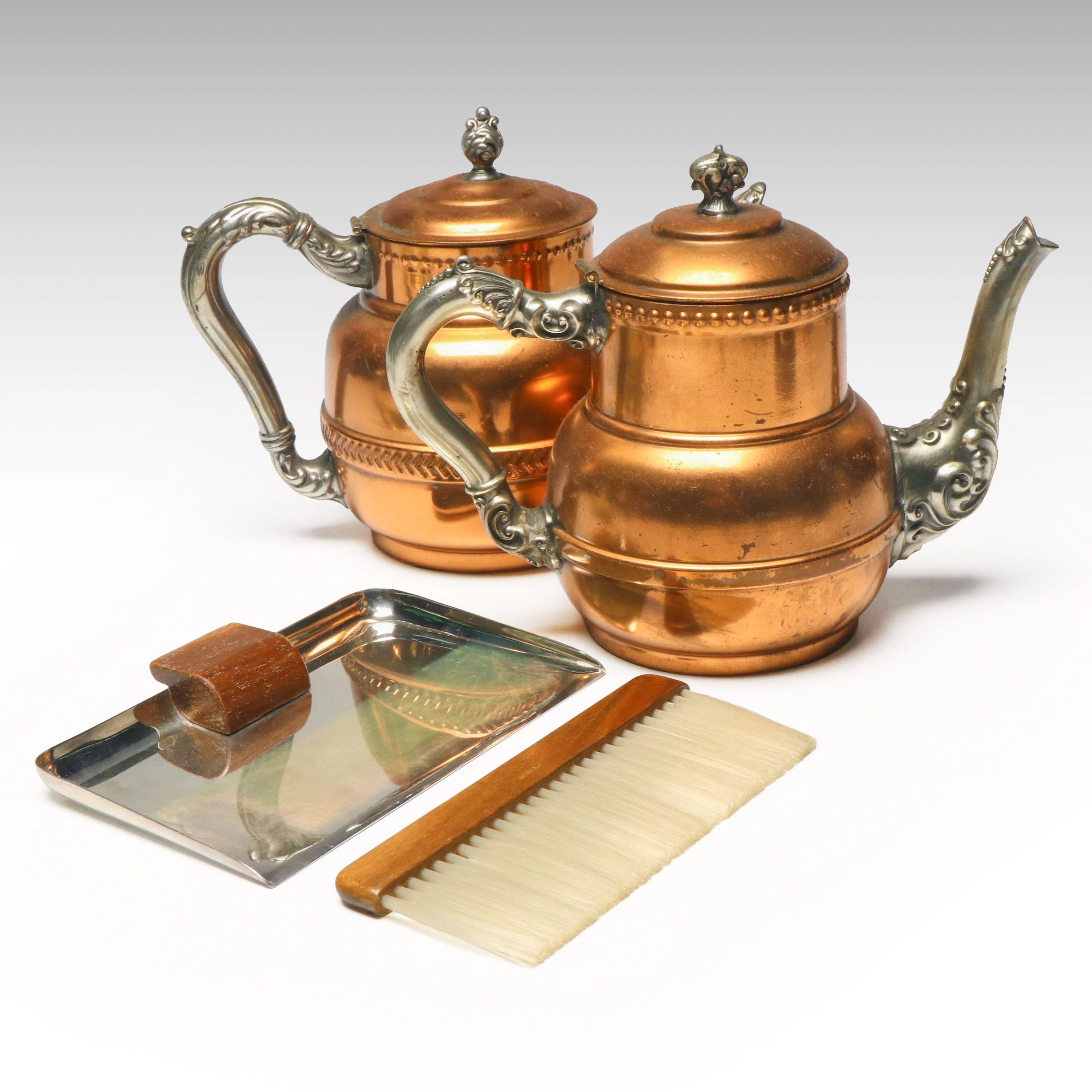 Tin-Lined Copper Tea and Coffee Pots with Silver Plate Crumb Catcher