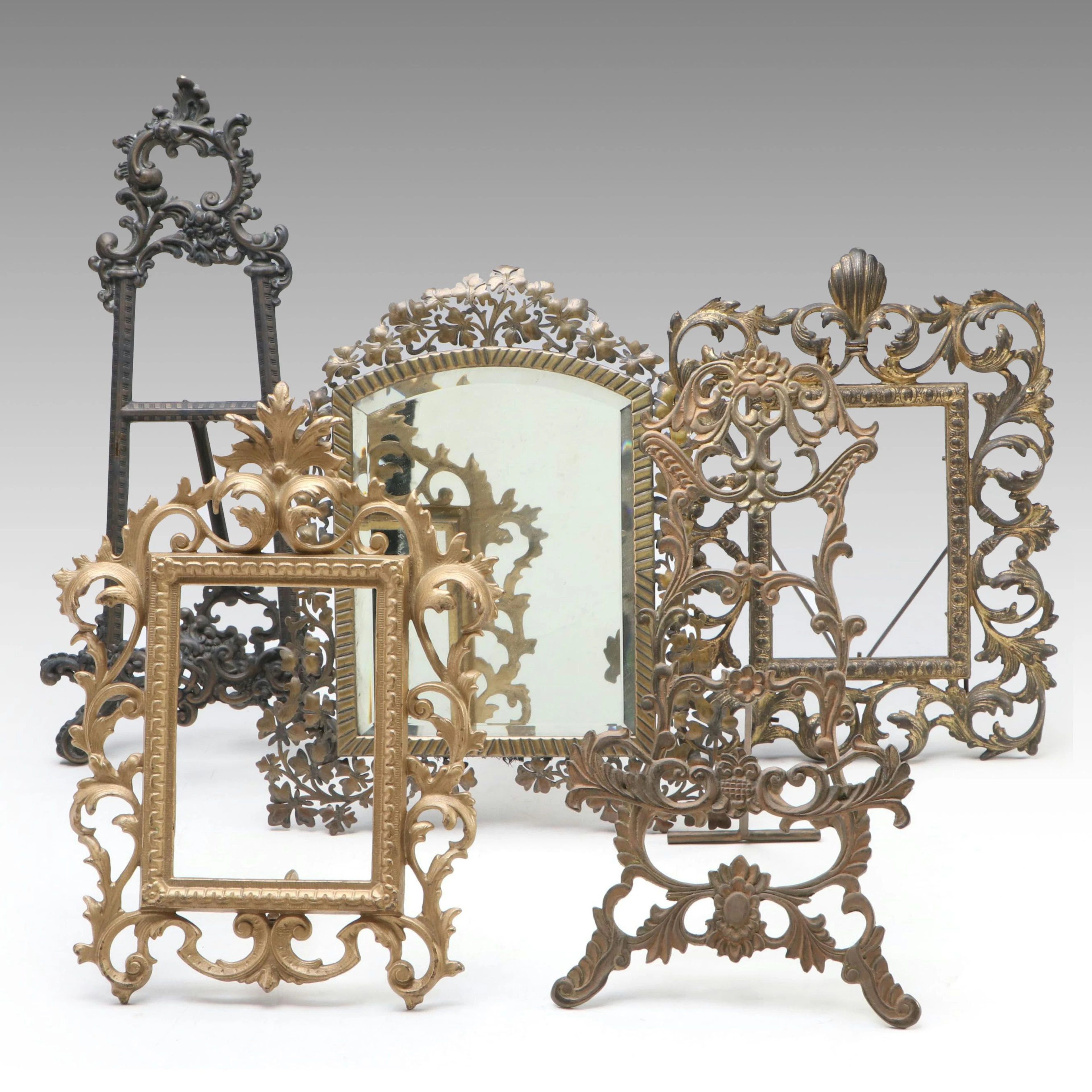 Rococo and Baroque Revival Metal Easels with Tabletop Frames and Mirror