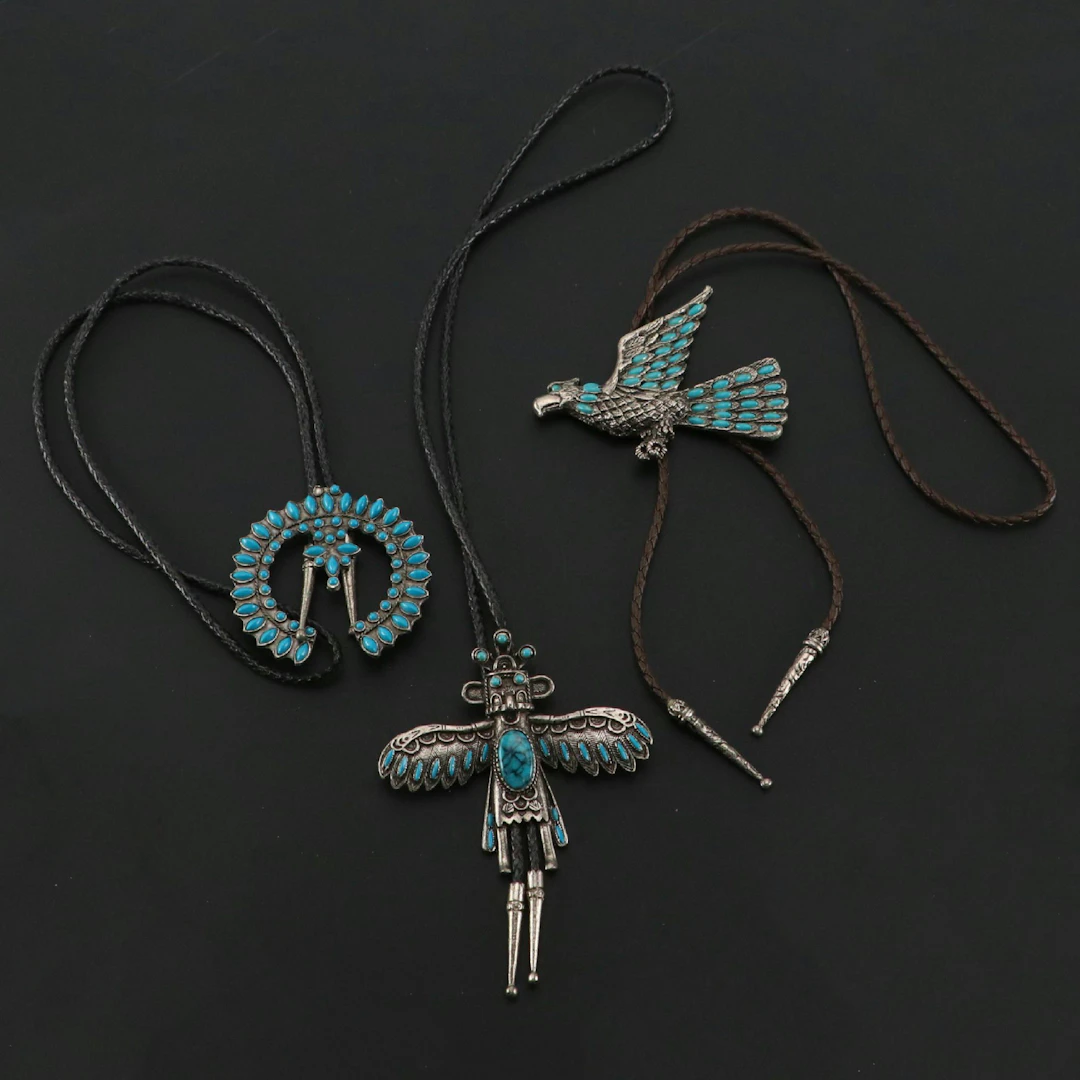 Southwestern Style Squash Blossom Form and Other Imitation Turquoise Bolo Ties