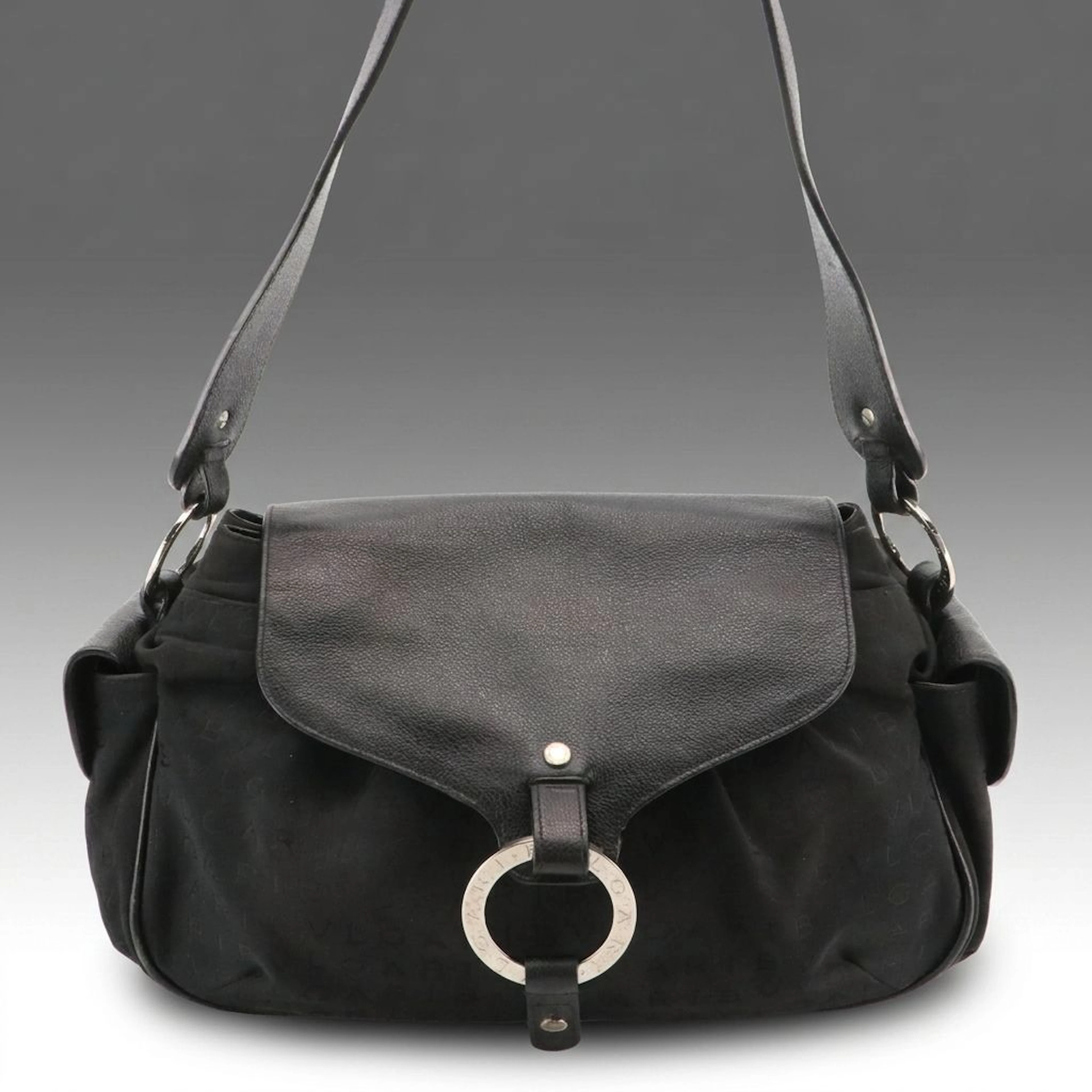 BVLGARI Black Leather Fold-Over Side Pocket Hobo Tote in Black Monogram Canvas