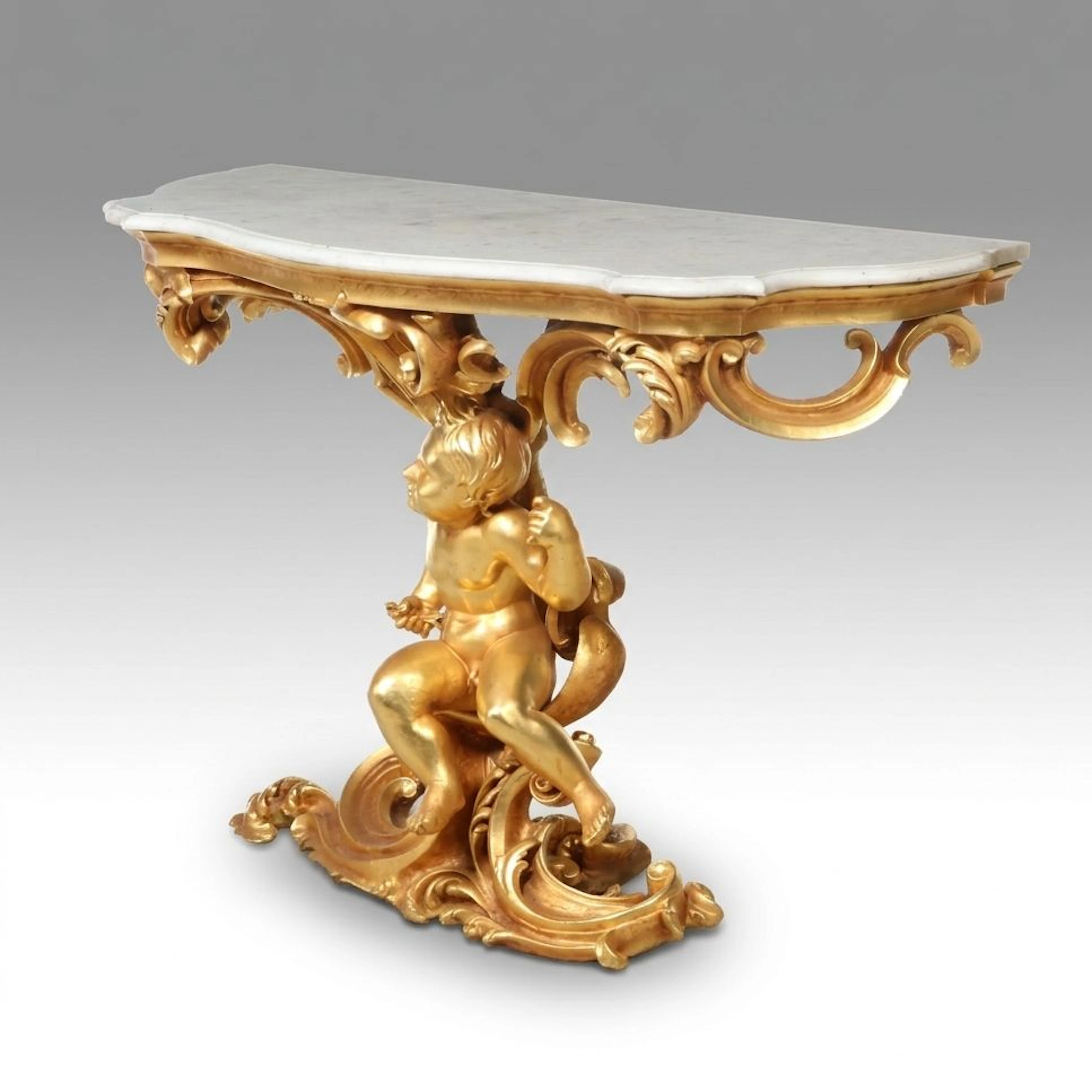 Rococo Style Giltwood and White Marble Console Table with Putto Figural Base