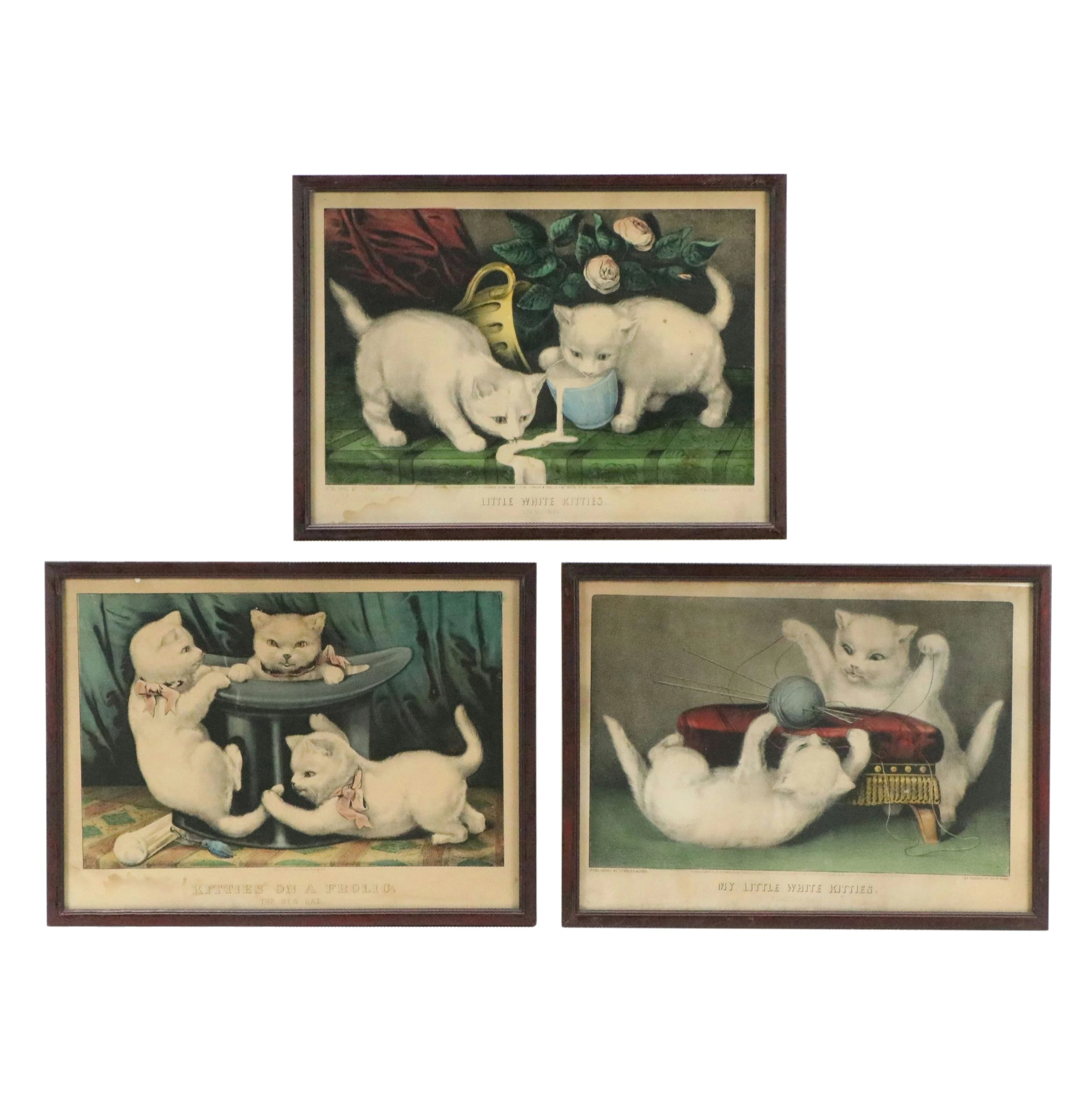 Currier & Ives Hand-Colored Lithographs of Kittens, 19th Century