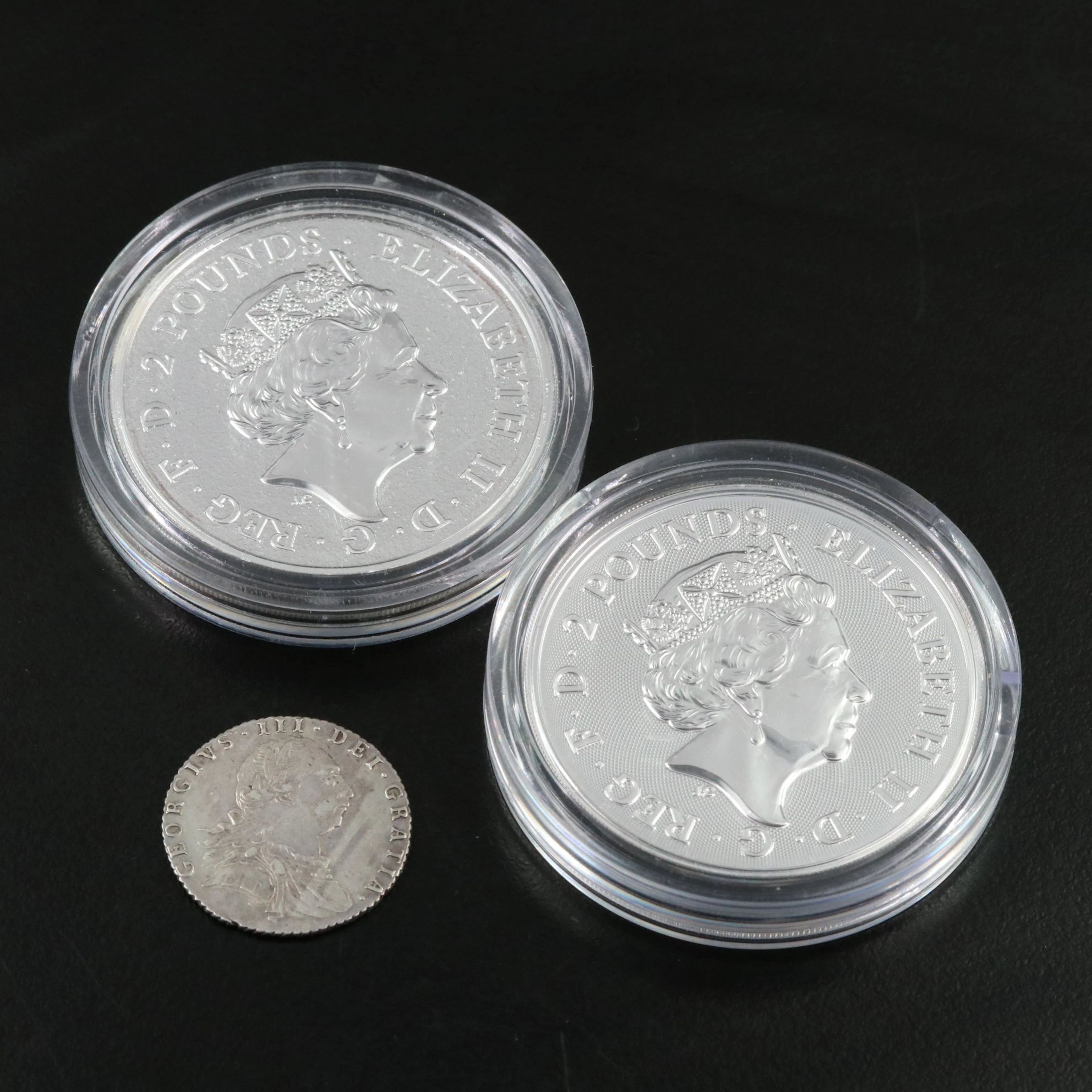 1787 King George III Silver Sixpence and Two British 1-Oz. Silver Bullion Coins