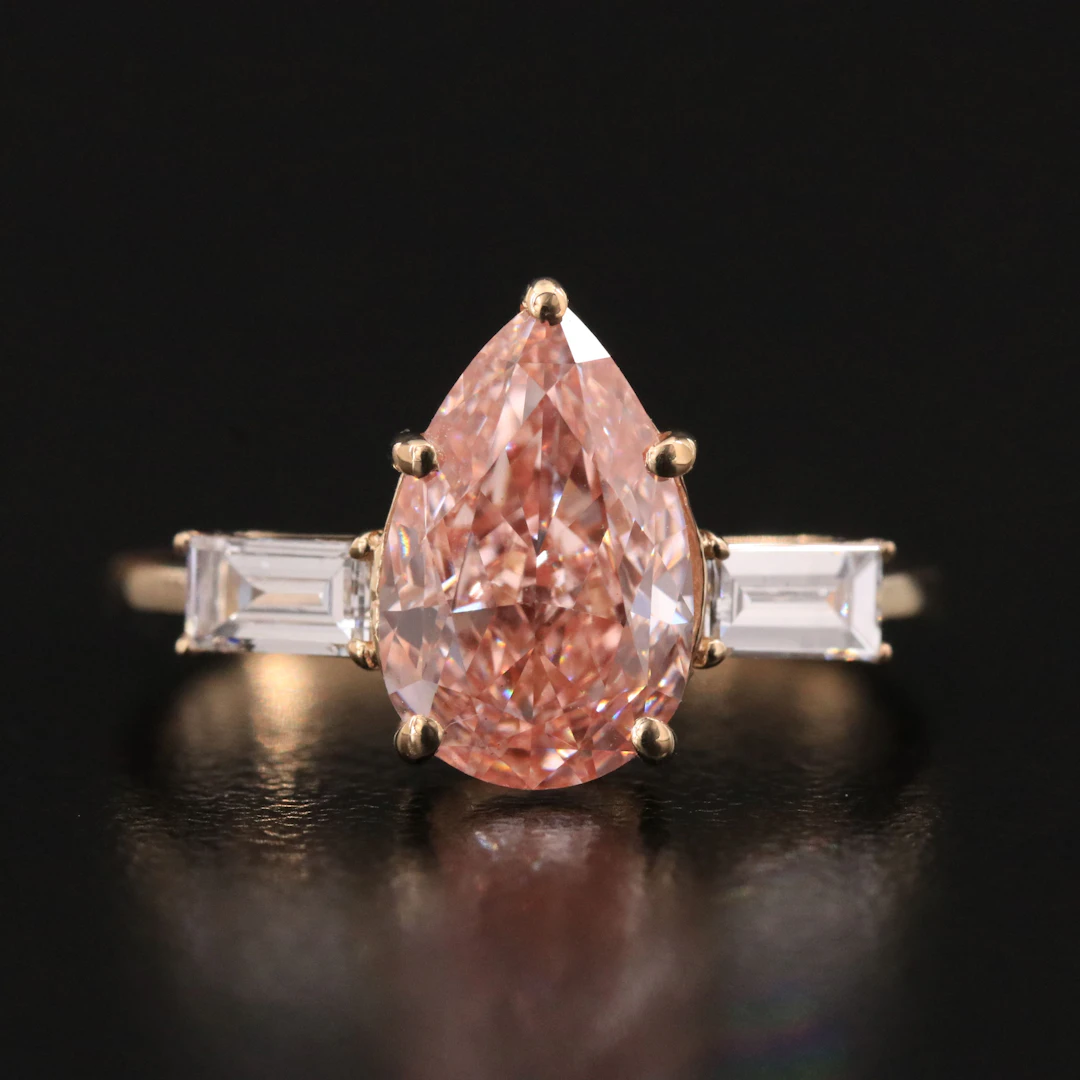 14K 2.90 CTW Lab Grown Diamond Ring with Fancy Vivid Pink Center and IGI Report