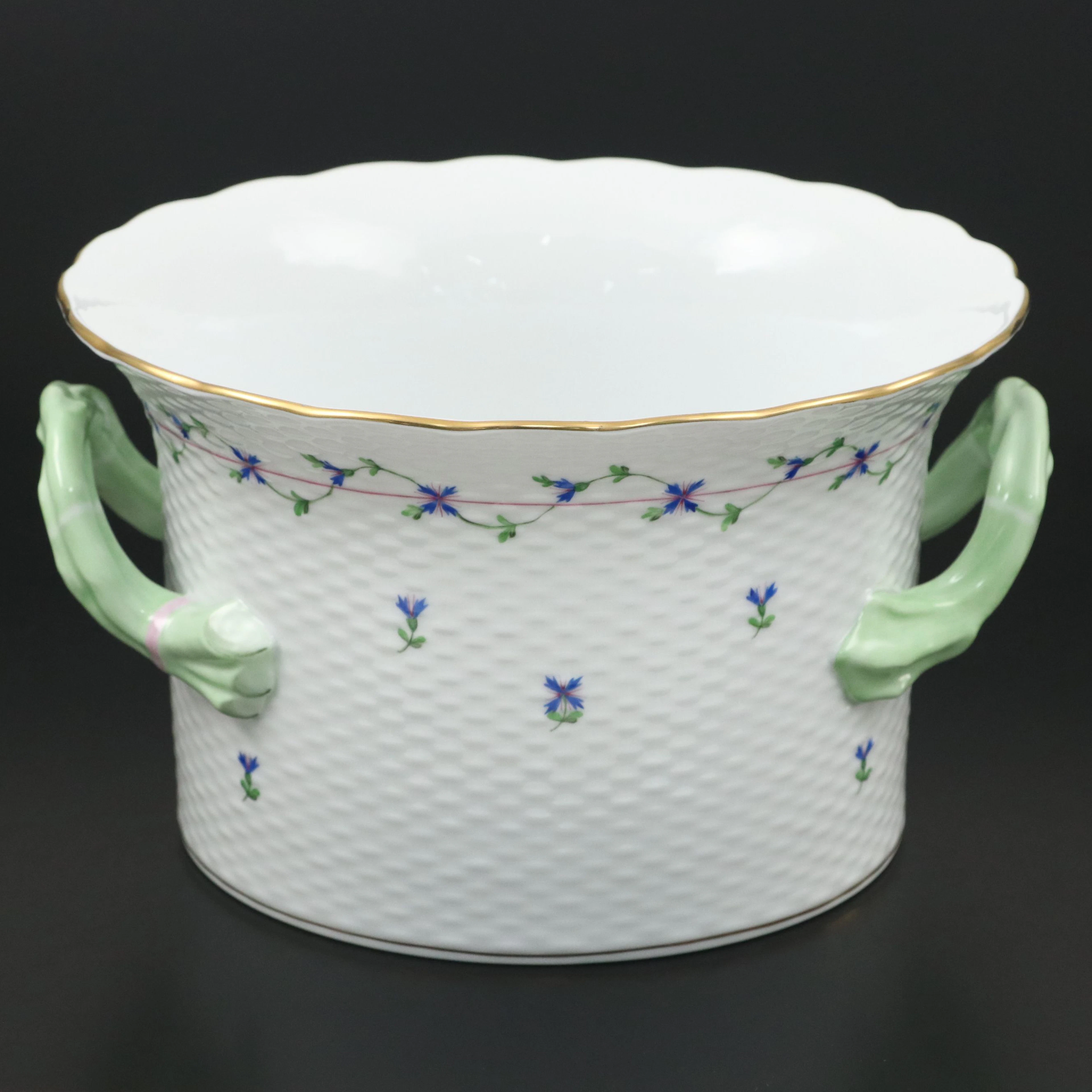 Herend "Blue Garland" Hand-Painted Porcelain Handled Cachepot, 1993