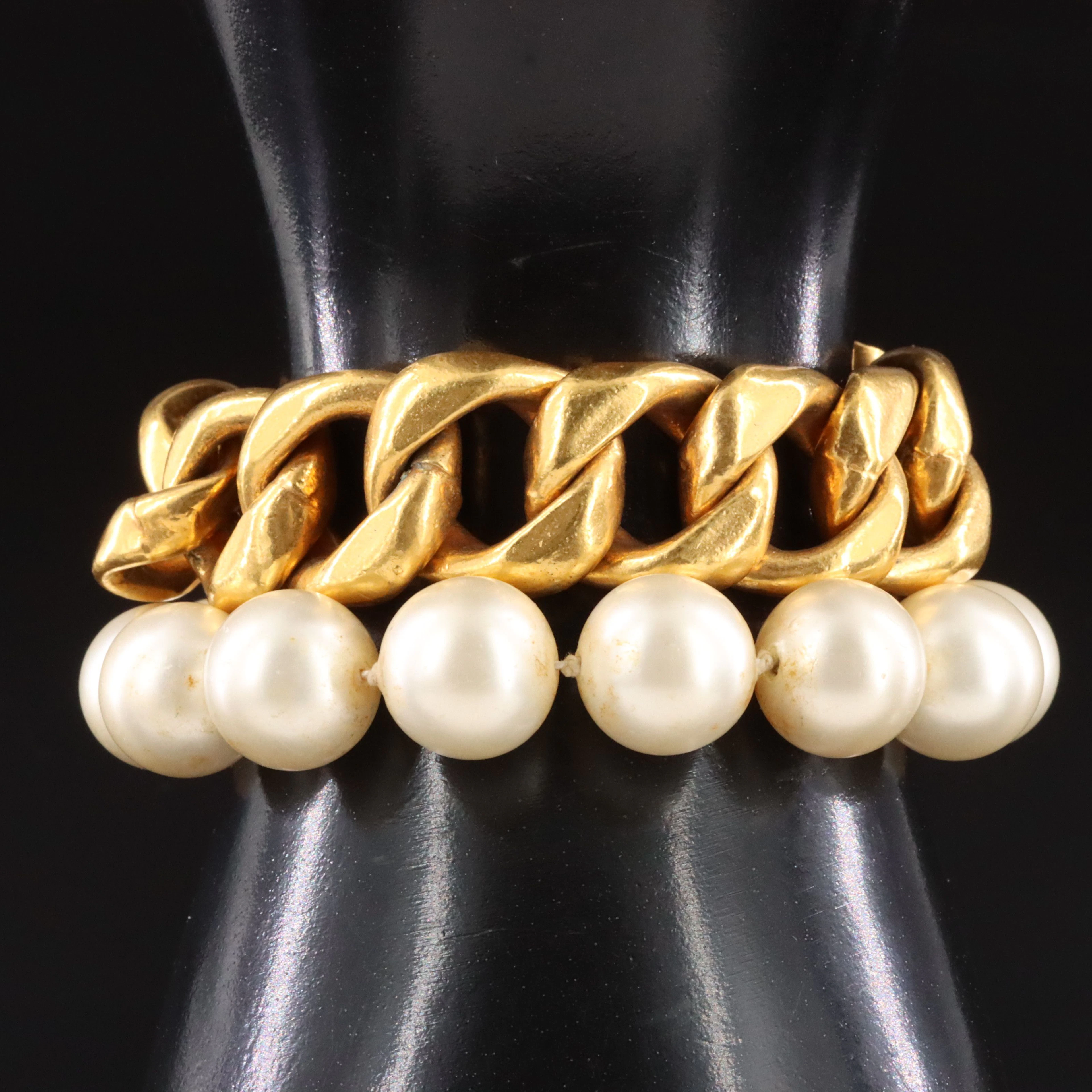 Vintage Chanel Chunky Chain and Faux Pearl Bracelet