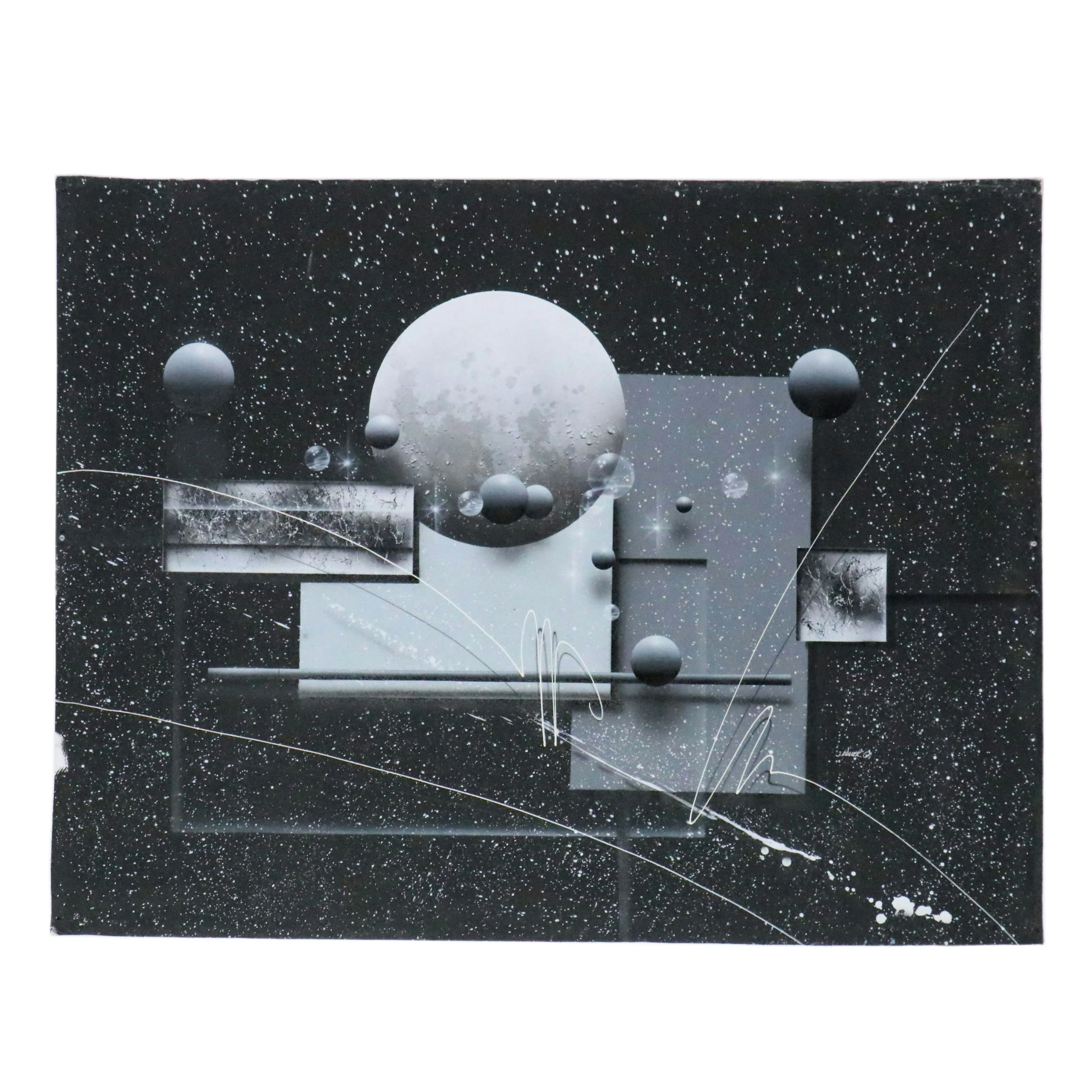 Josef Kugler Surreal Cosmic Landscape Mixed Media Painting, Late 20th Century