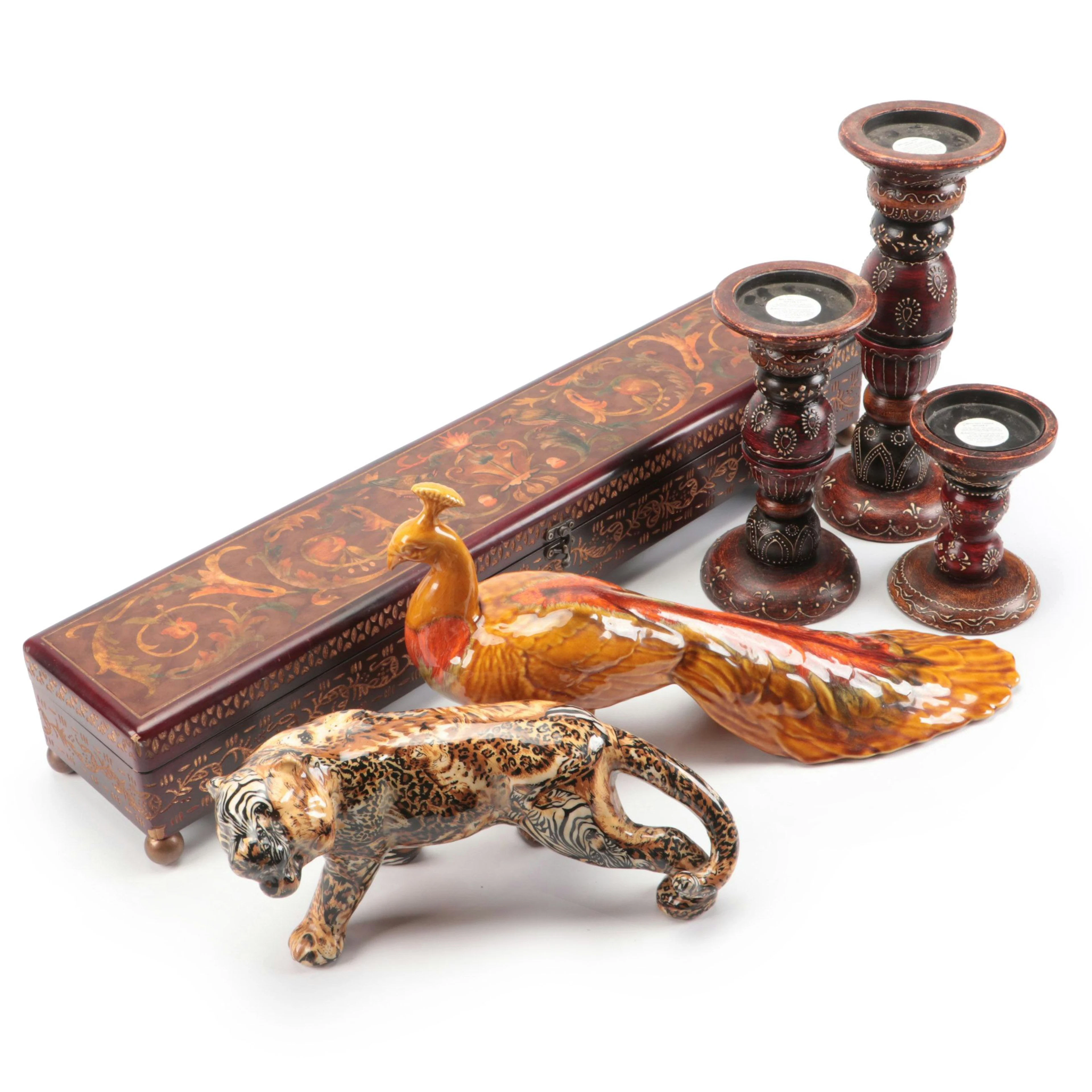 Etched Wooden Decorative Box, World Market Candle Holders, and Ceramic Animals