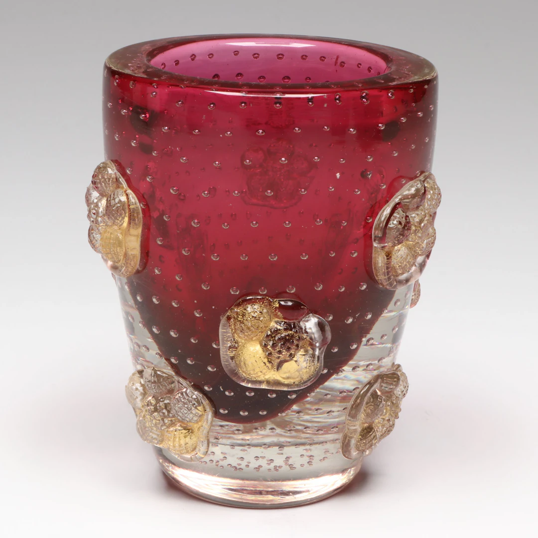 Murano Cranberry Bullicante Glass Vase, Vintage