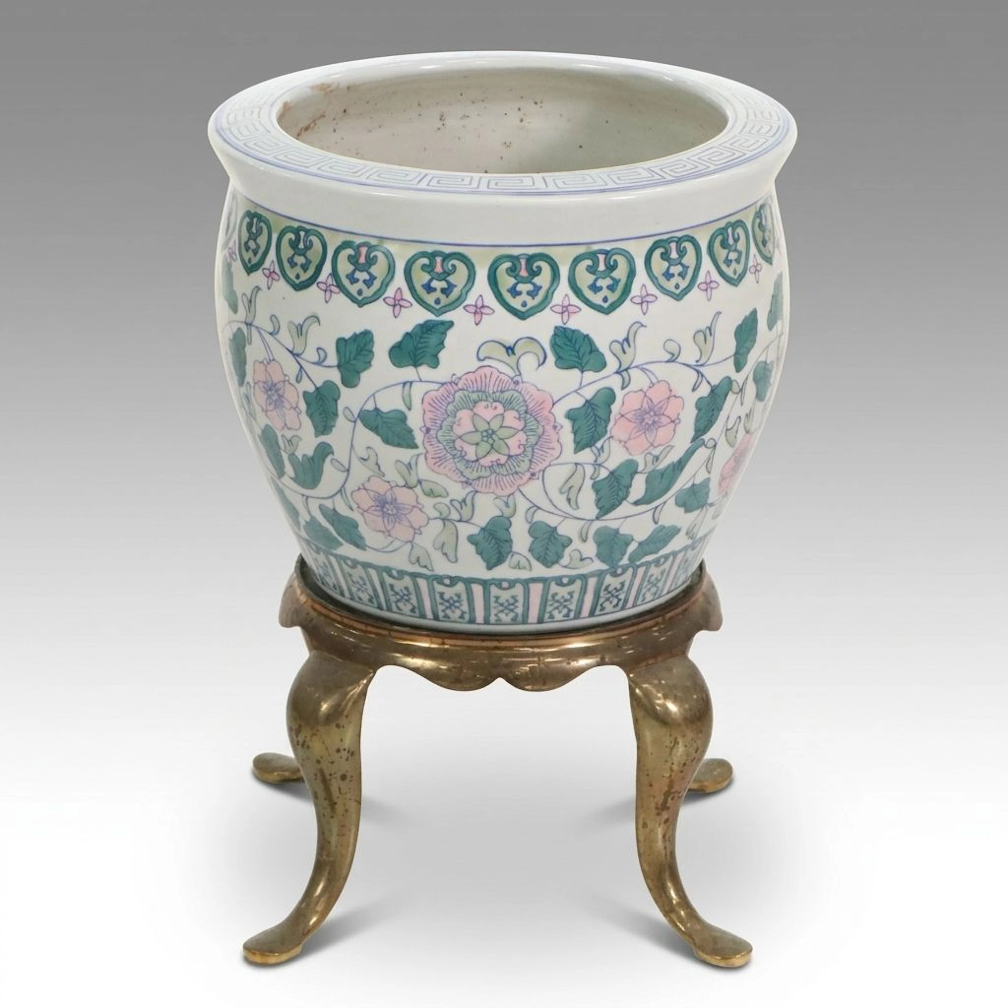 Chinese Floral Porcelain Planter on Brass Stand