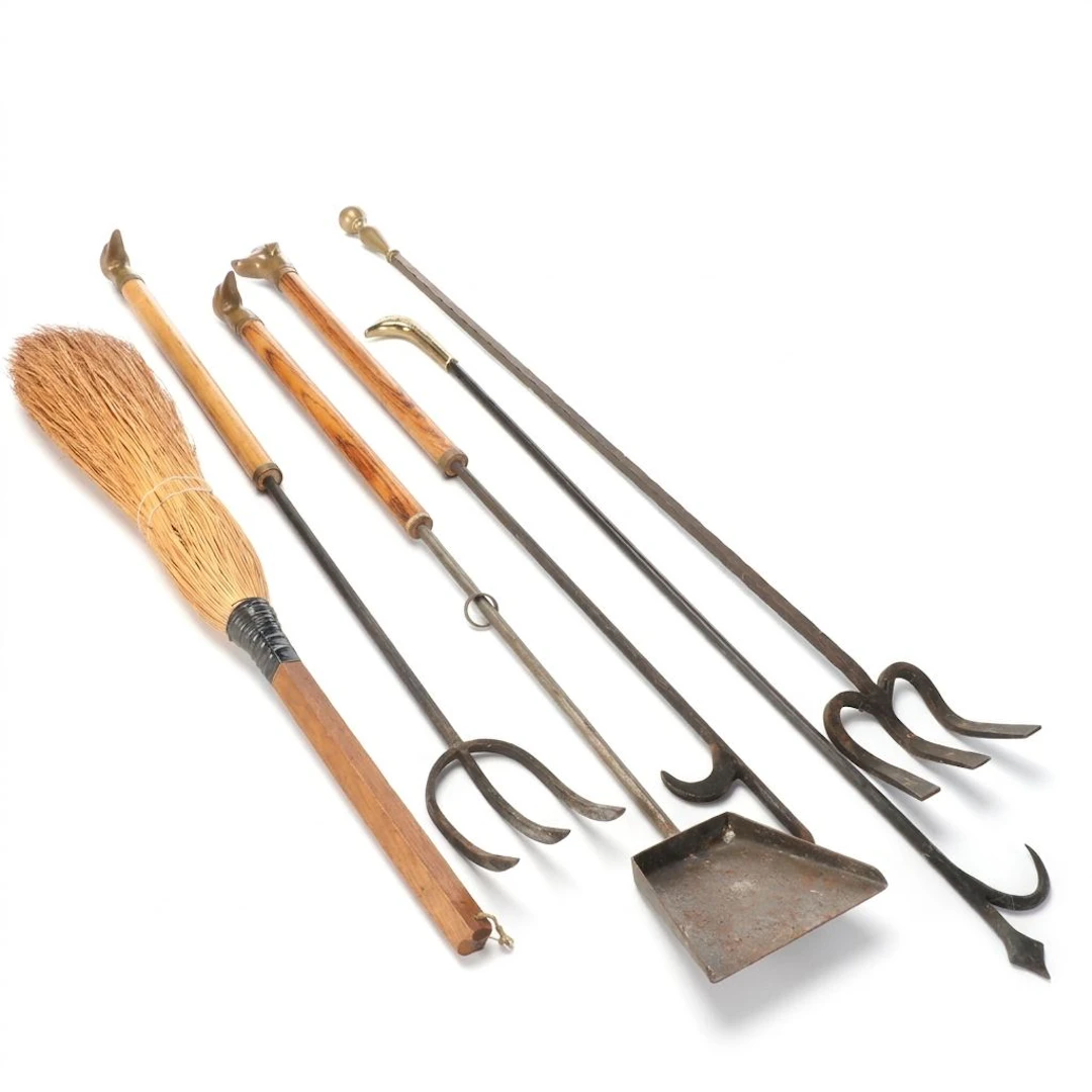 Brass Duck and Dog Head Fireplace Tool Assortment