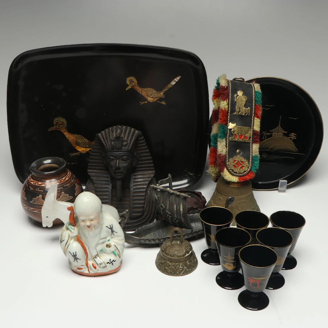 World Travel Souvenirs and Figurines, Couroc Tray, Japanese Sake Set, More