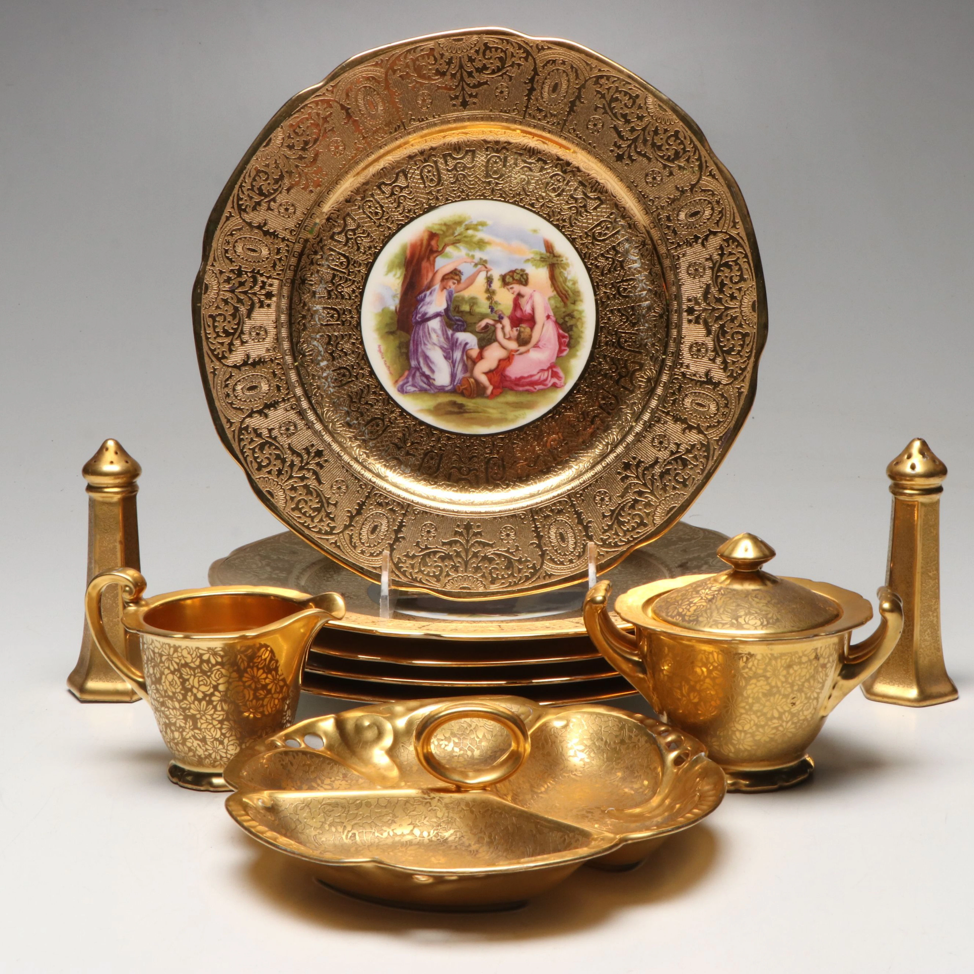 Pickard "Rose and Daisy" Creamer and Sugar with More Gold Encrusted Dinnerware