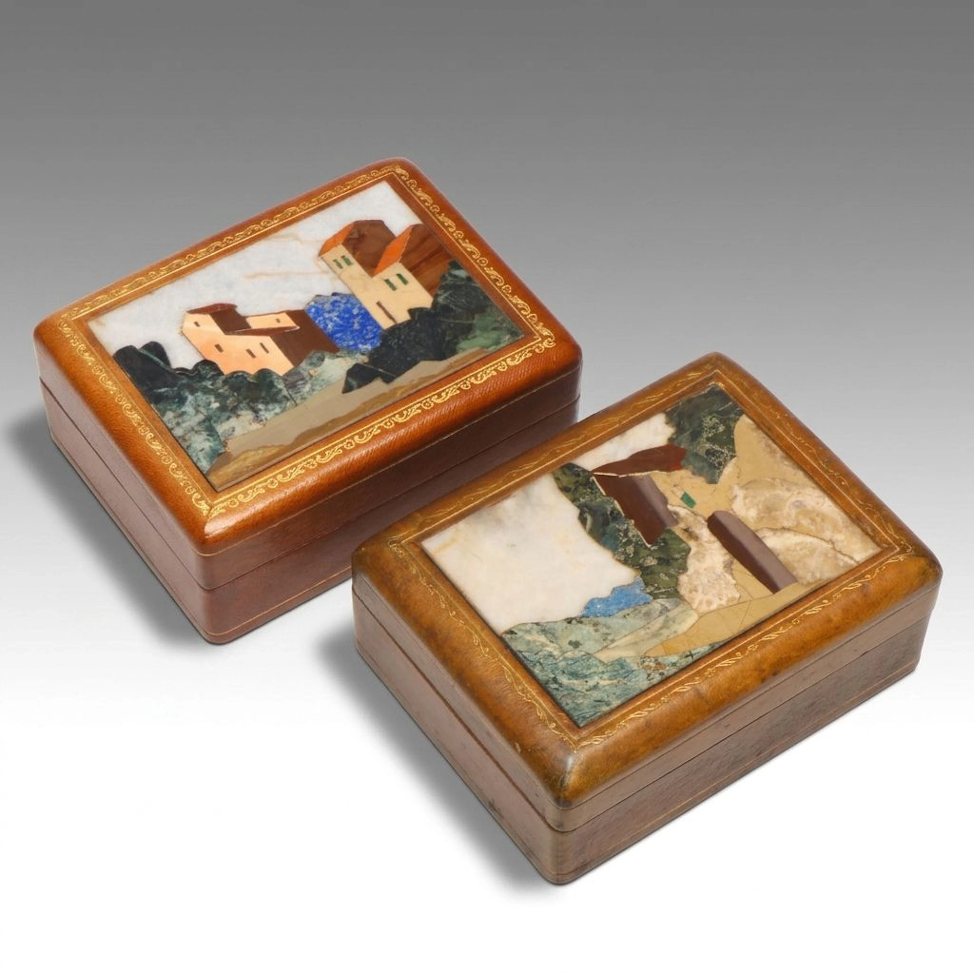 Italian Pietra Dura Mosaic Landscape Gilded Leather Boxes, Vintage