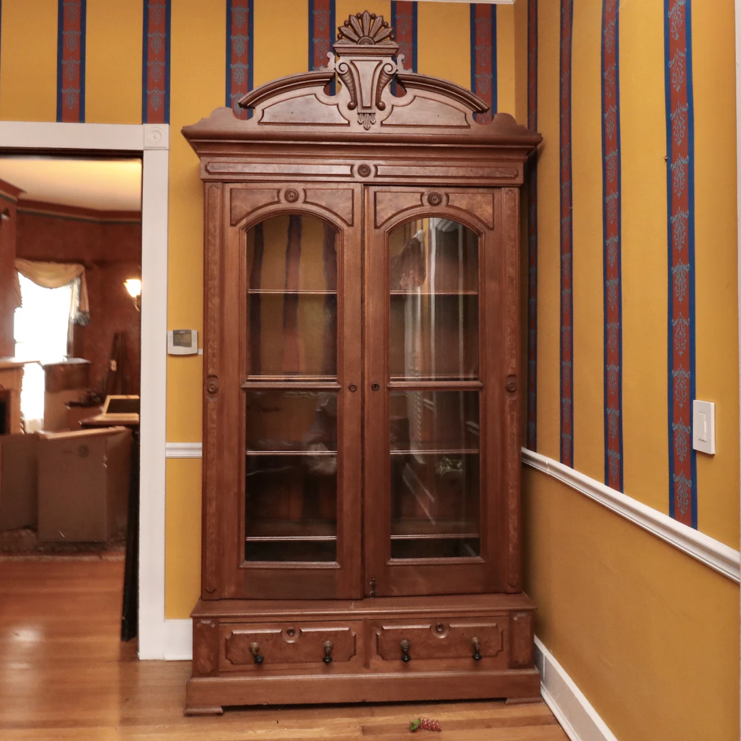 Victorian Eastlake Carved Walnut Bookcase with Burled Accents