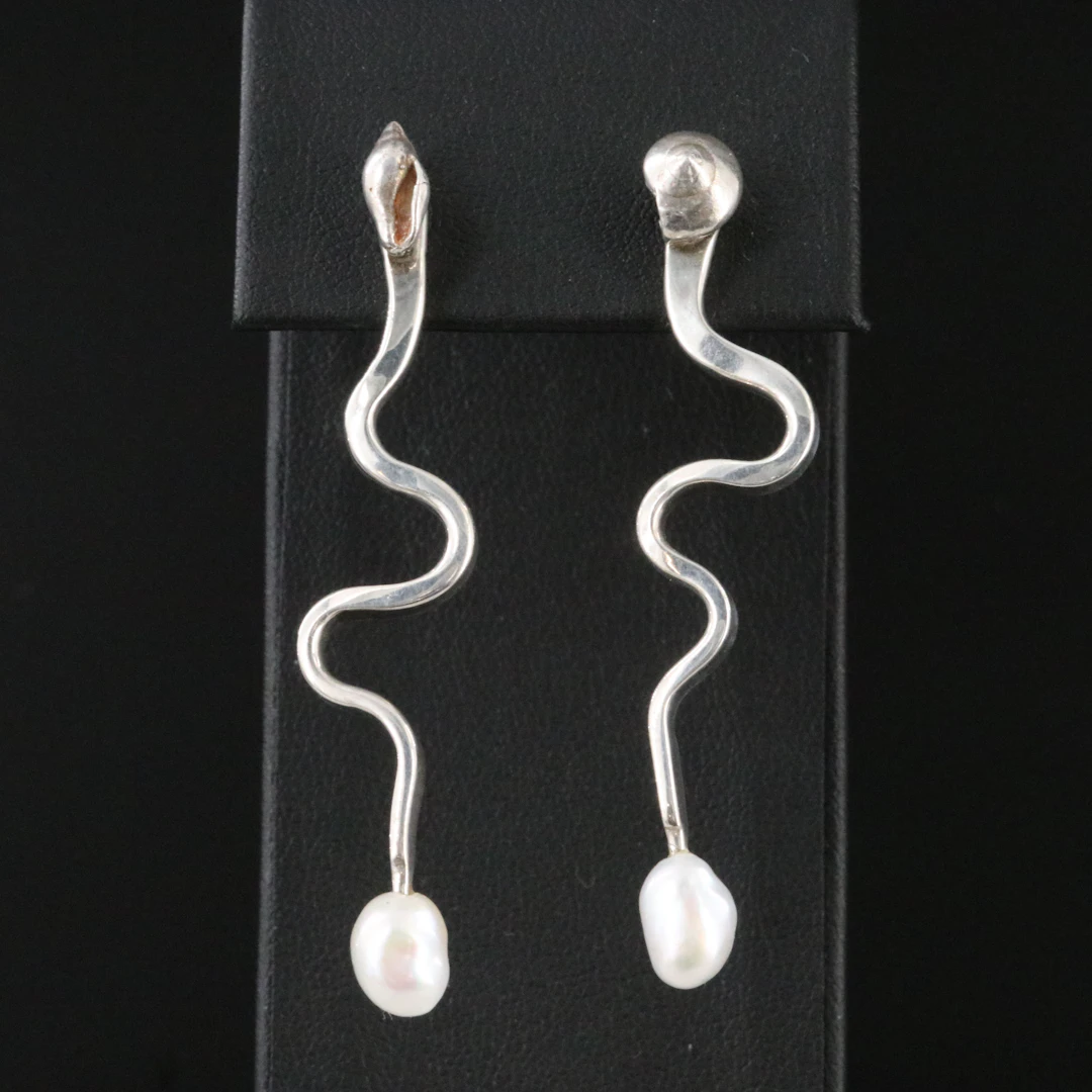 Sterling Serpentine Pearl Earrings Including Shell Motif