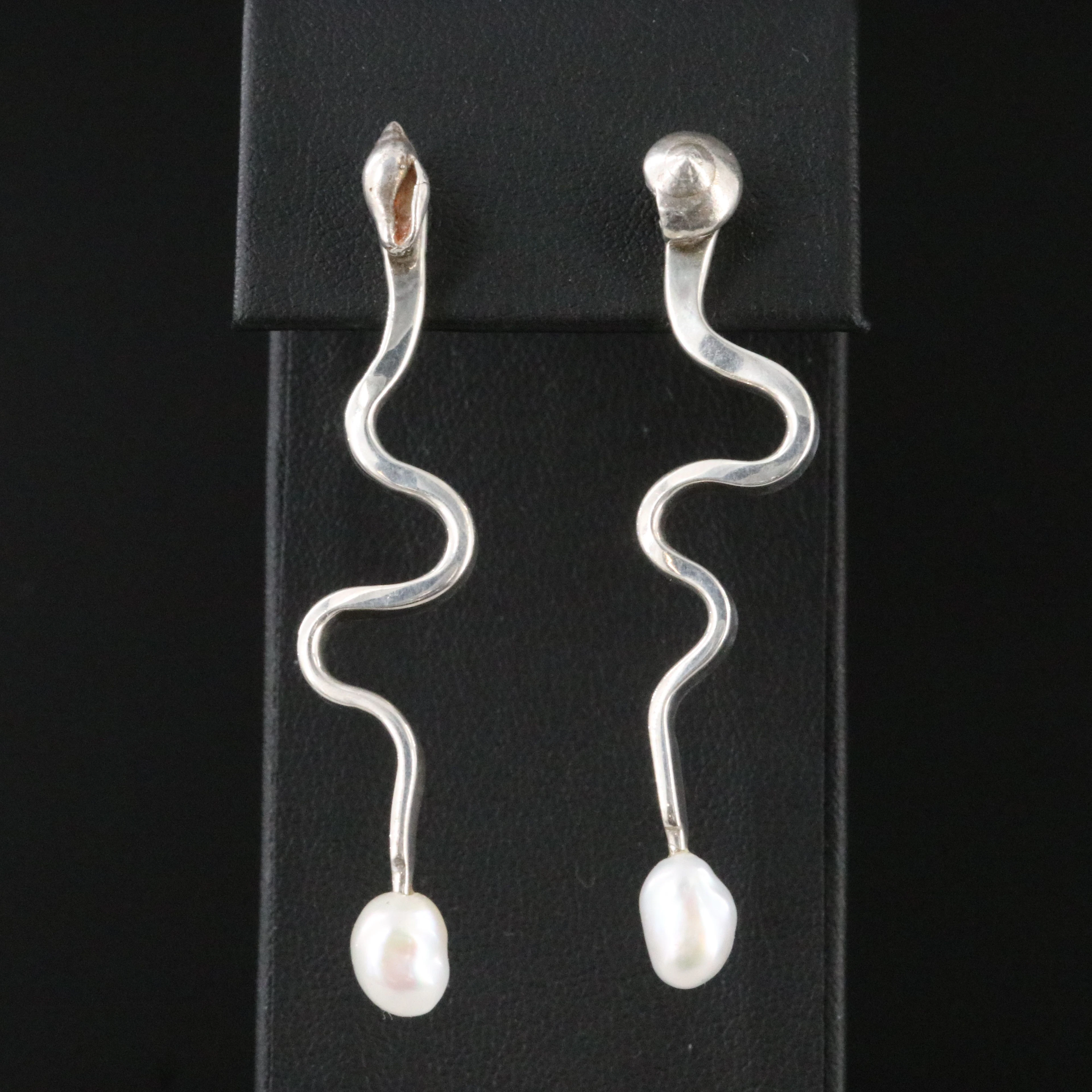 Sterling Serpentine Pearl Earrings Including Shell Motif