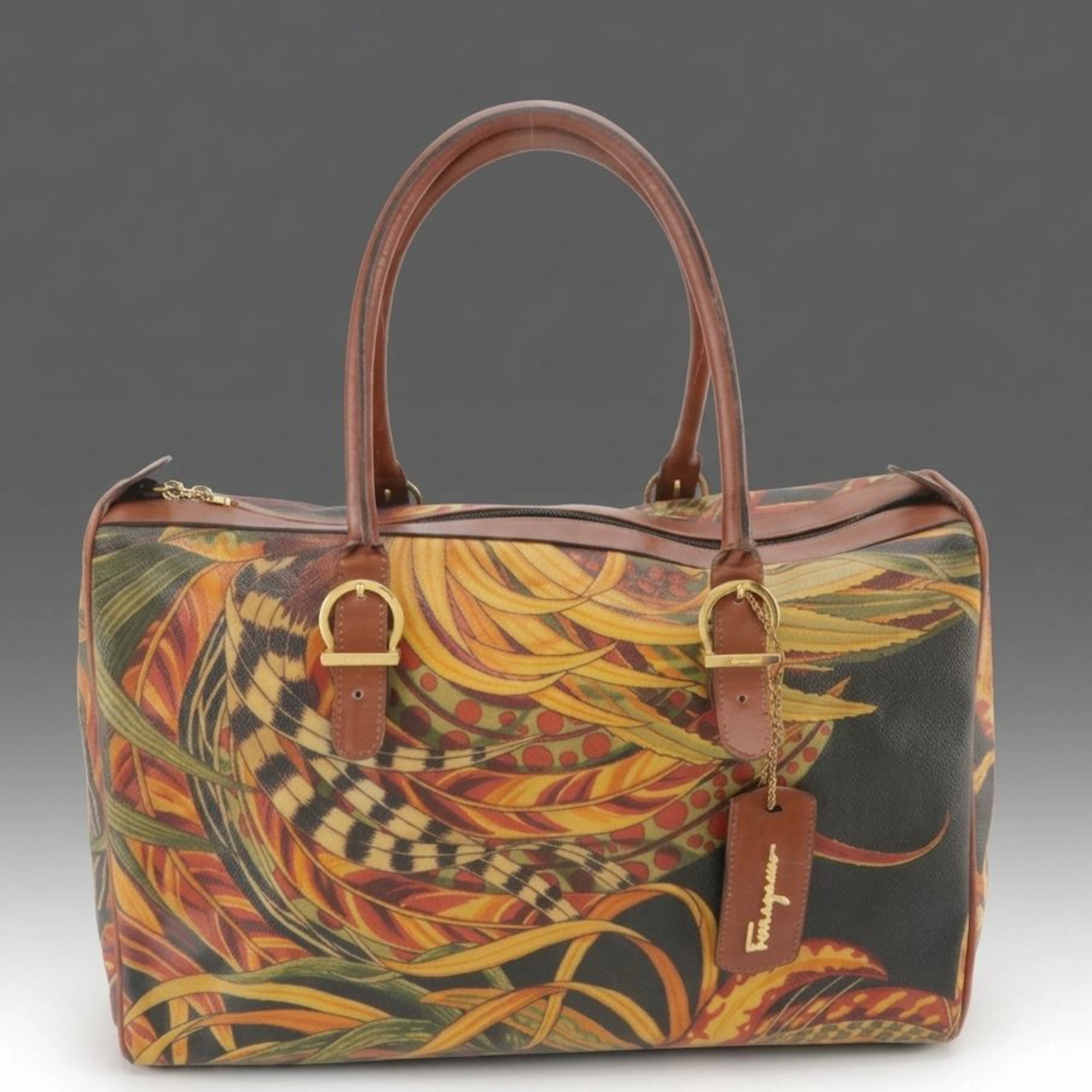Salvatore Ferragamp Botanical Print and Brown Leather Handbag