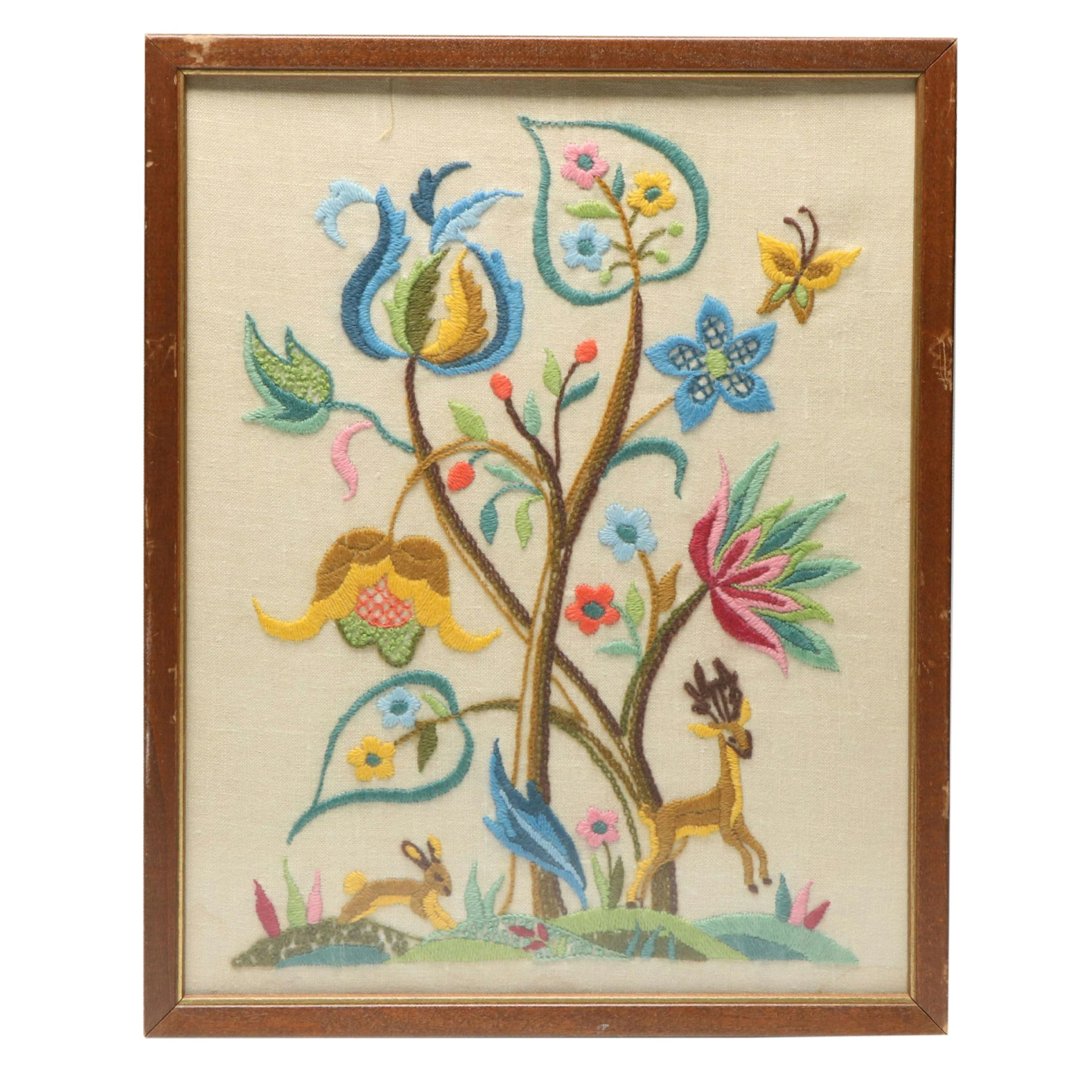 Jacobean Style Embroidered Flowers with Deer and Rabbit Framed Textile