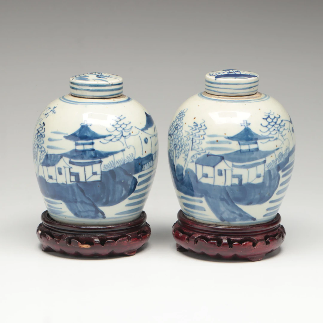 Chinese Pavilion Scene Porcelain Ginger Jars with Wooden Stands