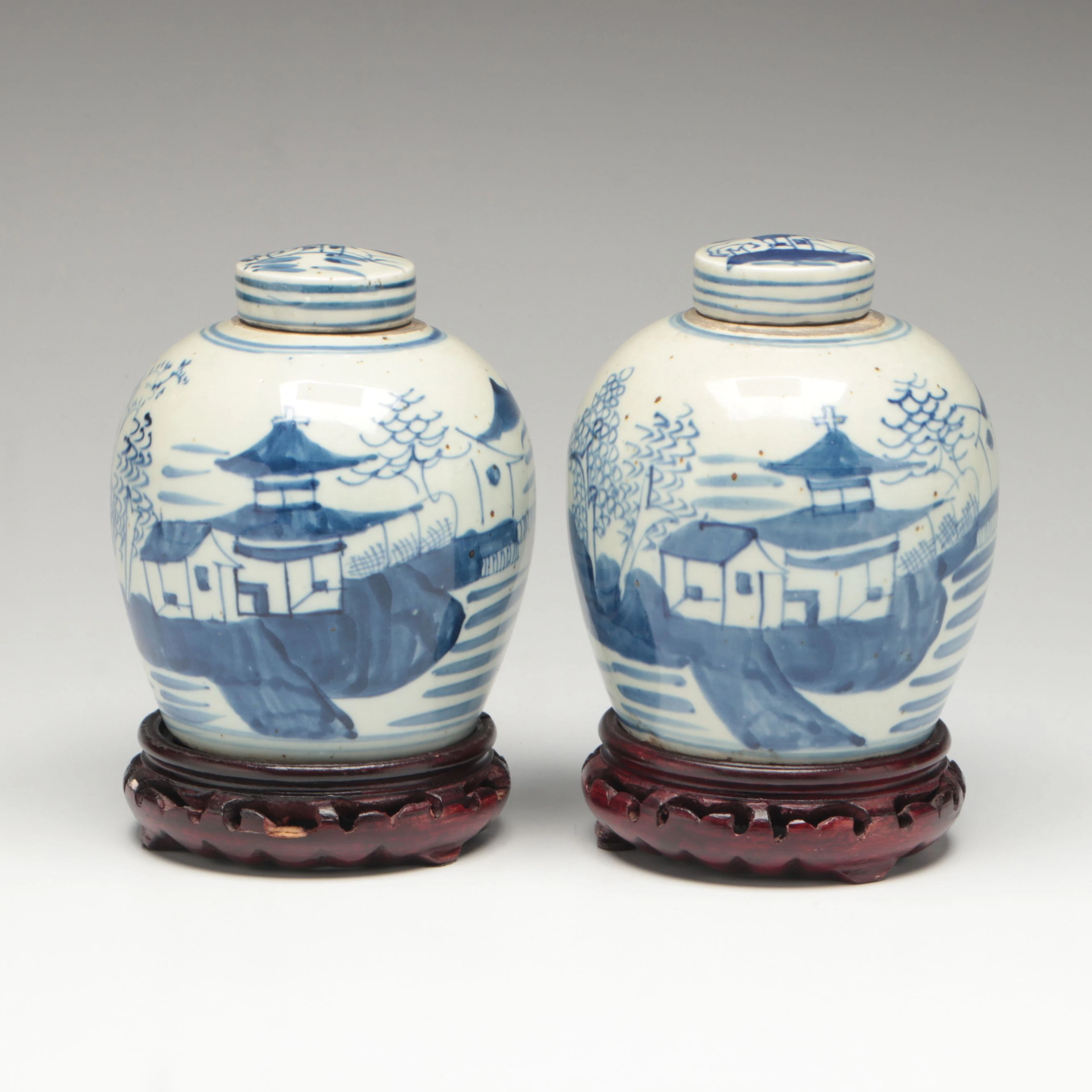 Chinese Pavilion Scene Porcelain Ginger Jars with Wooden Stands