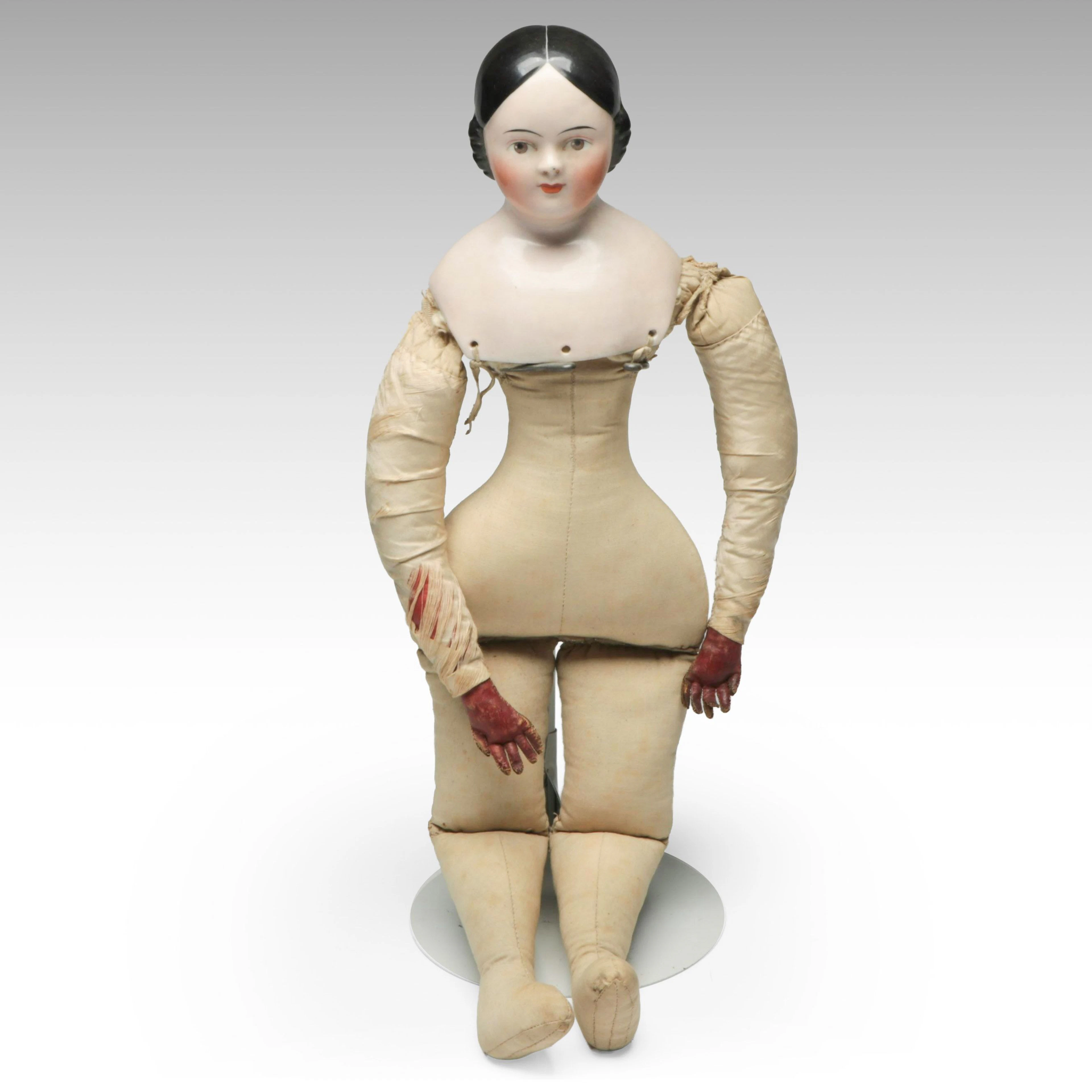 German Covered Wagon China Doll with Cloth Body, Mid-19th Century