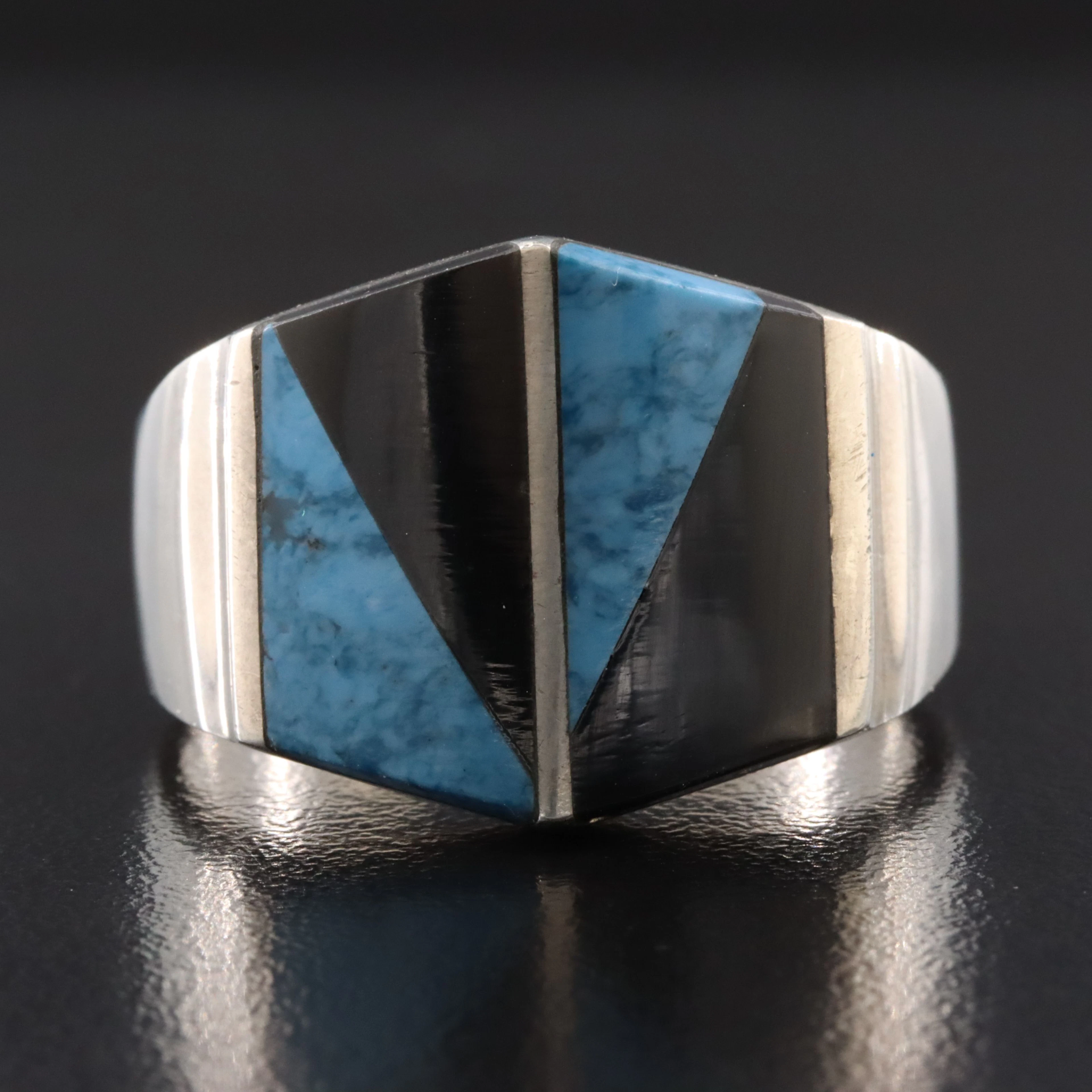 Mexican Sterling Onyx & Imitation Stone Inlay Ring