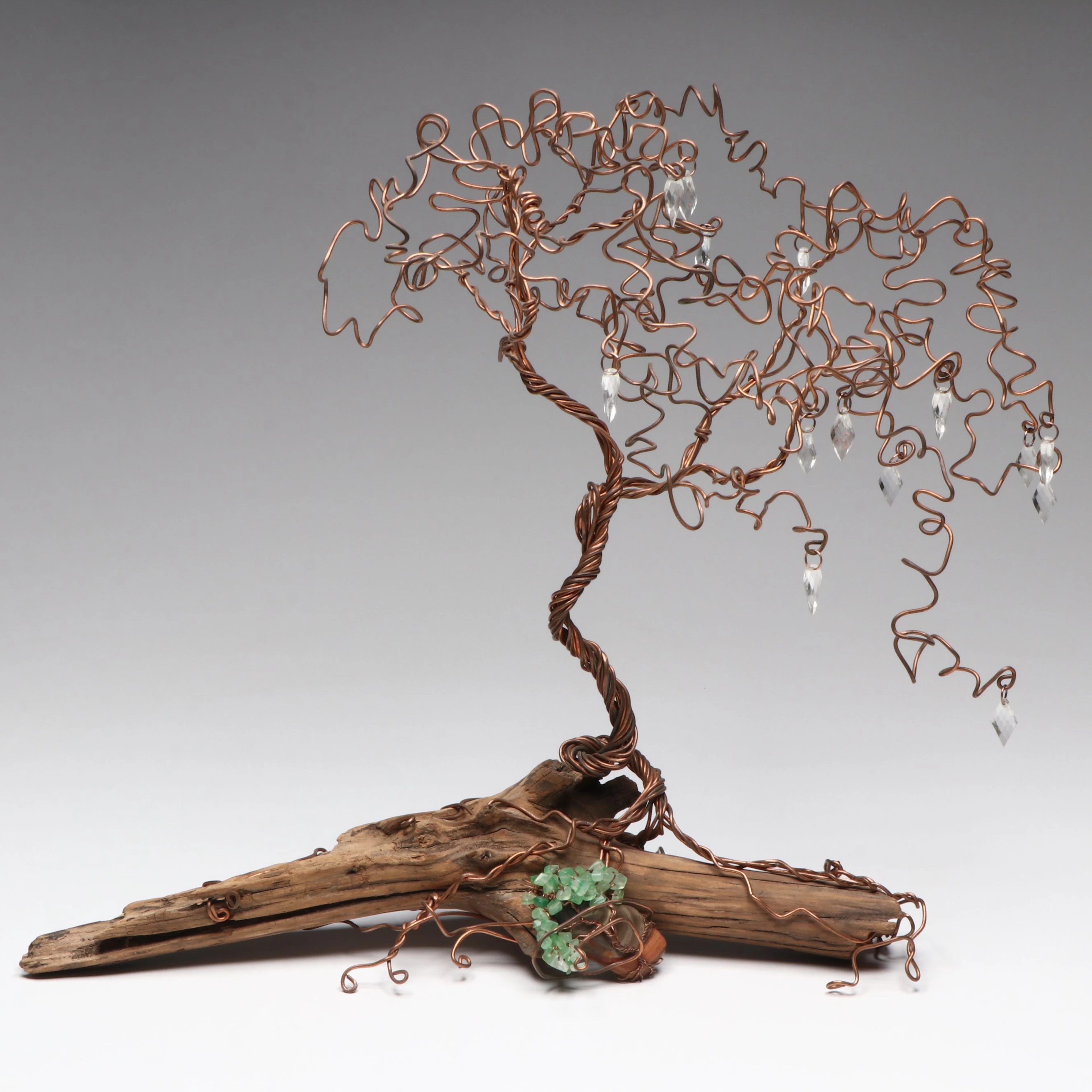 Twisted Copper Wire Pendant Tree Sculpture on Driftwood Base