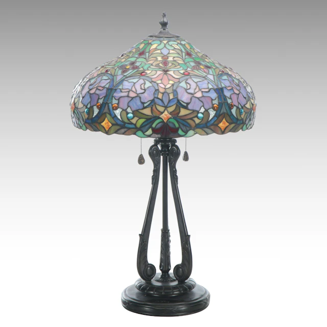 J.J. Peng Victorian Style Table Lamp with Mosaic Slag Glass Shade