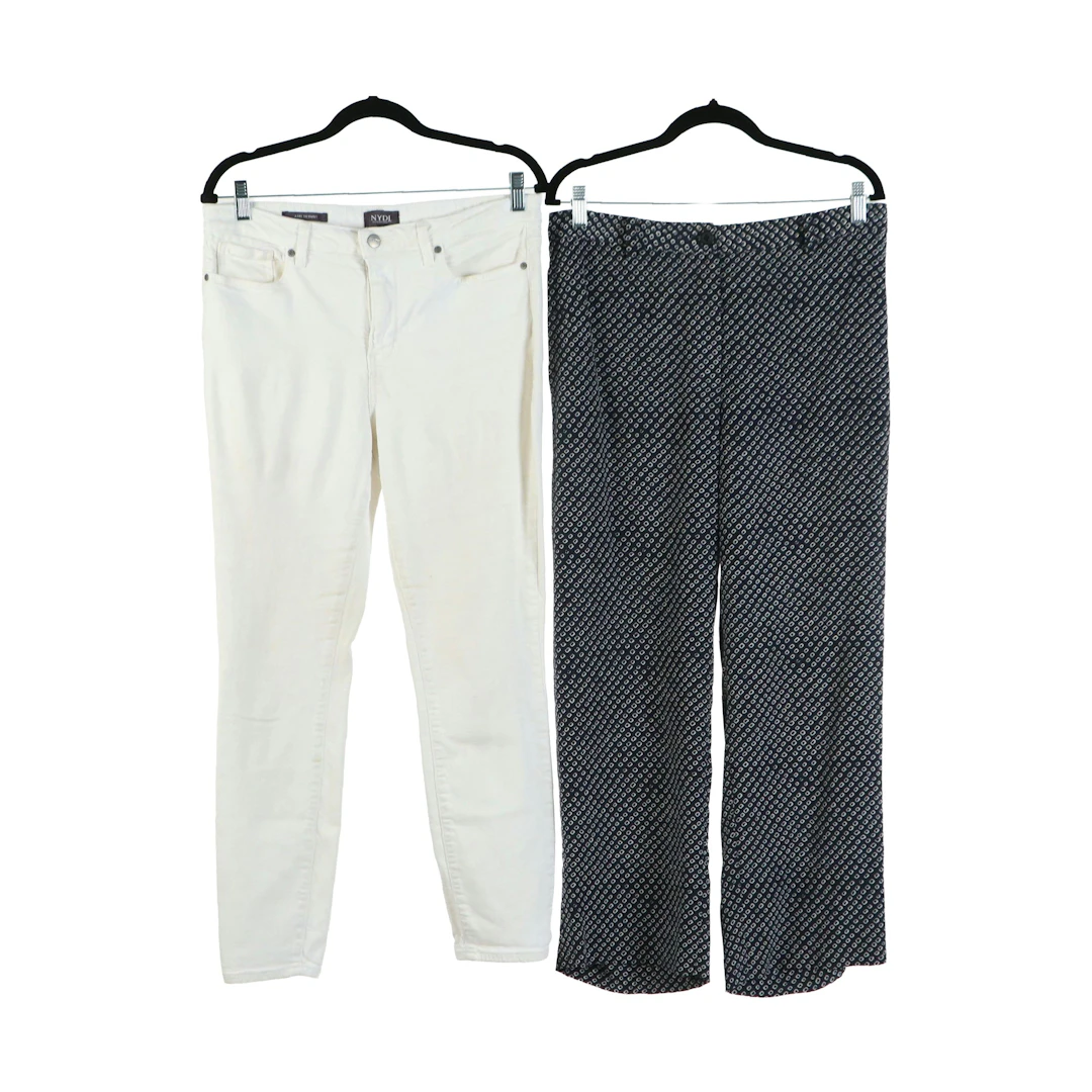 Theory Silk Printed Trousers and NYDJ 'Ami' White Skinny Jeans