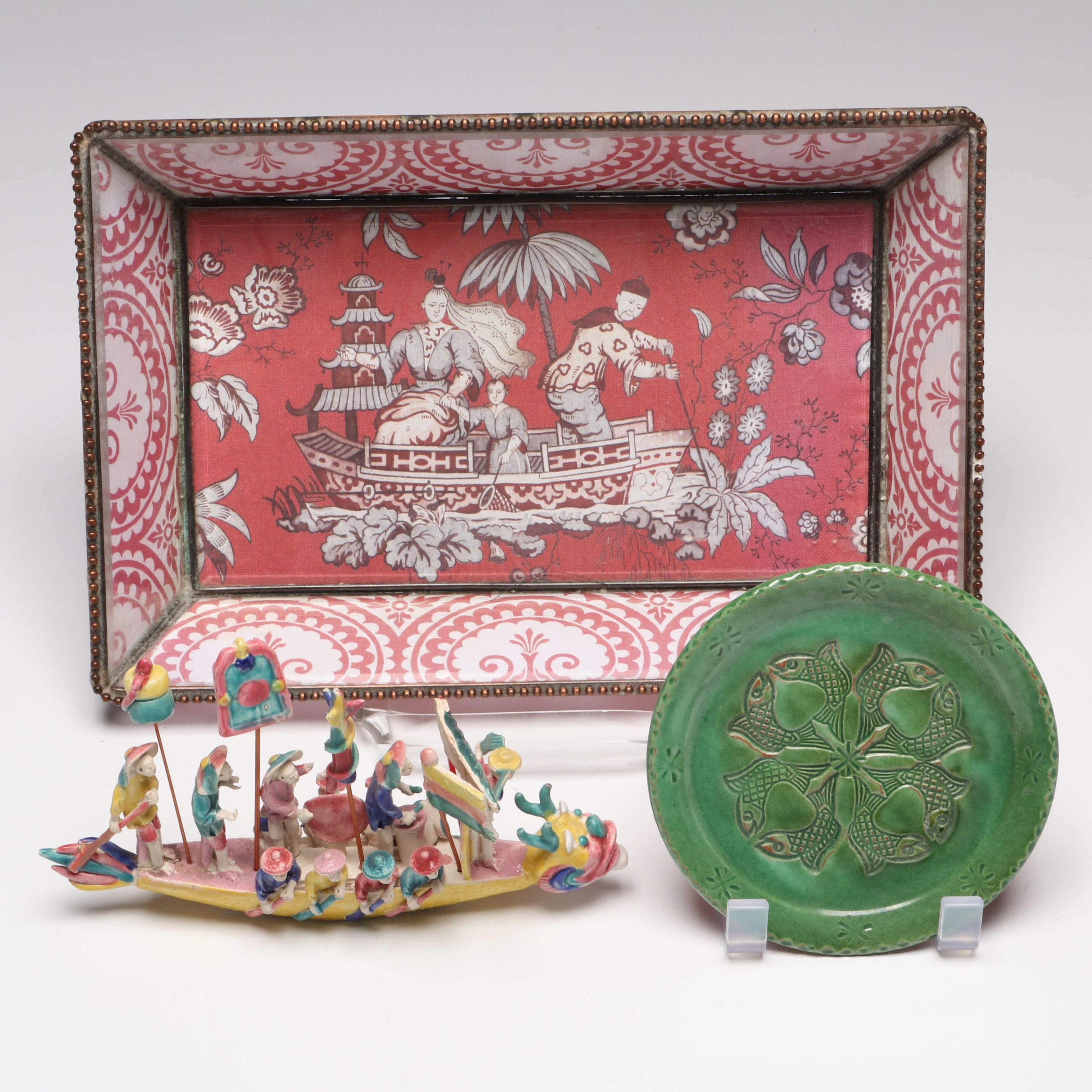 Ceramic Dragon Boat Figurine, Green Glazed Ceramic Plate, and Chinoiserie