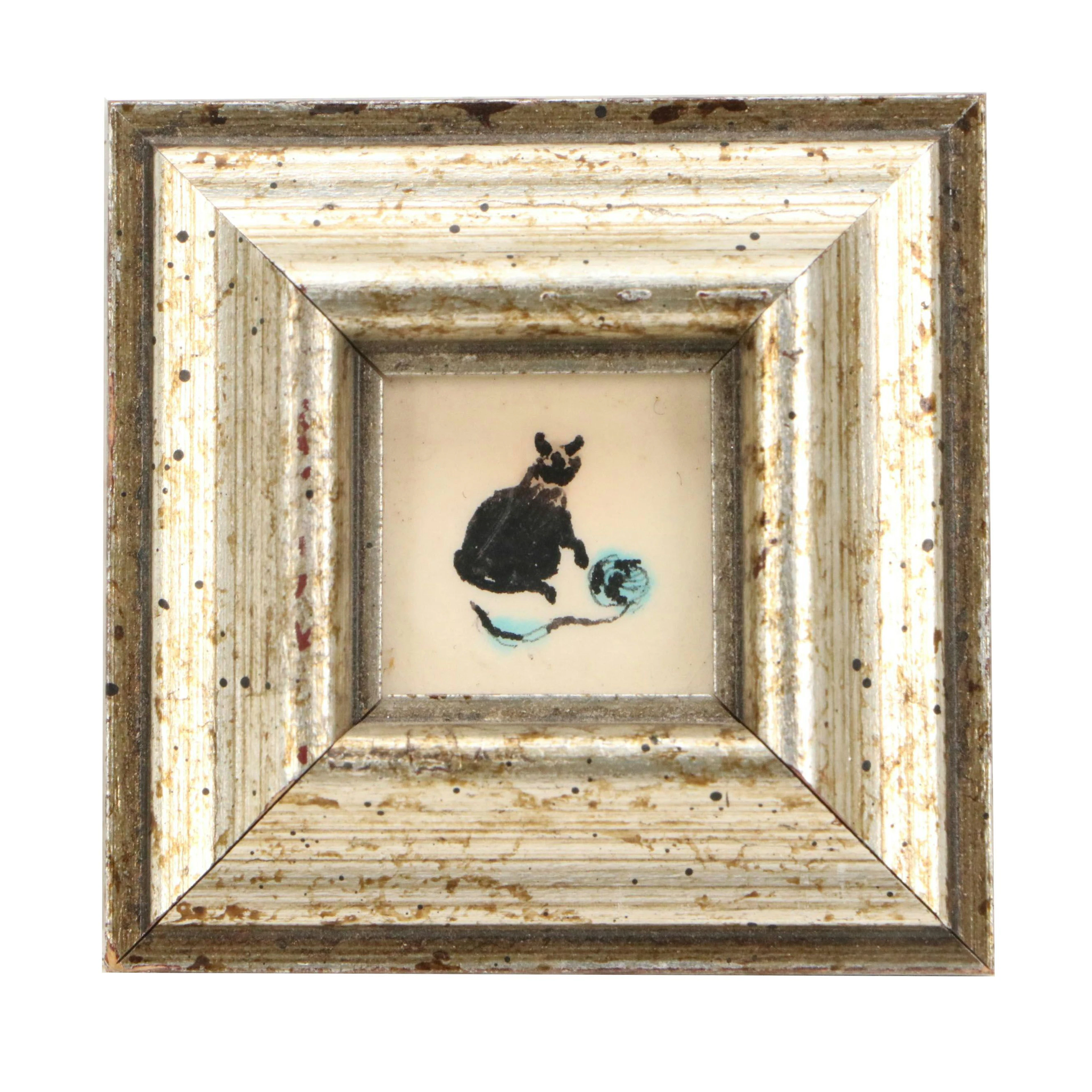 Miniature Enamel Painting on Porcelain Tile of Cat with Yarn