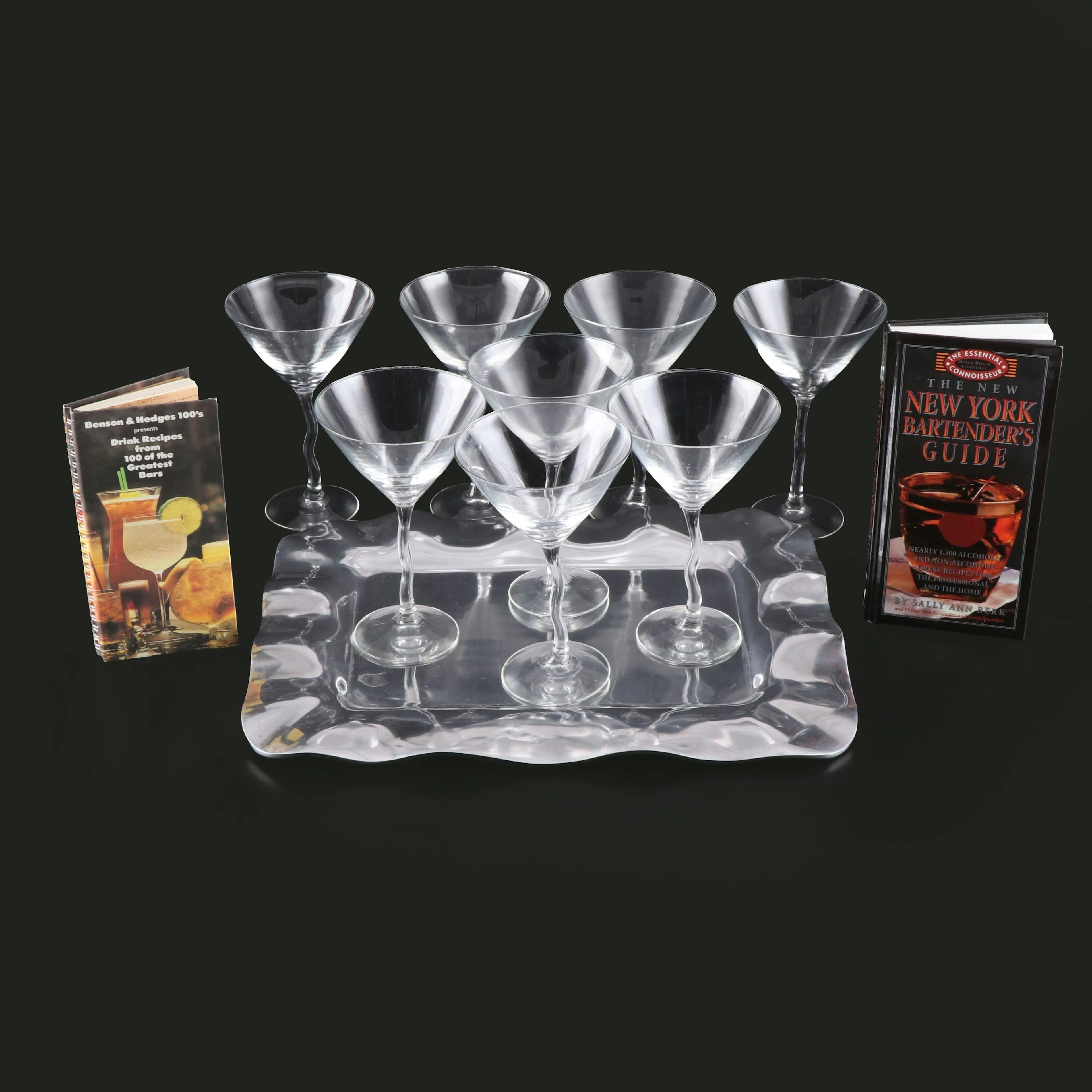 Cristal de Sevres "Swing" Martini Glasses with Aluminum Tray and Cocktail Books