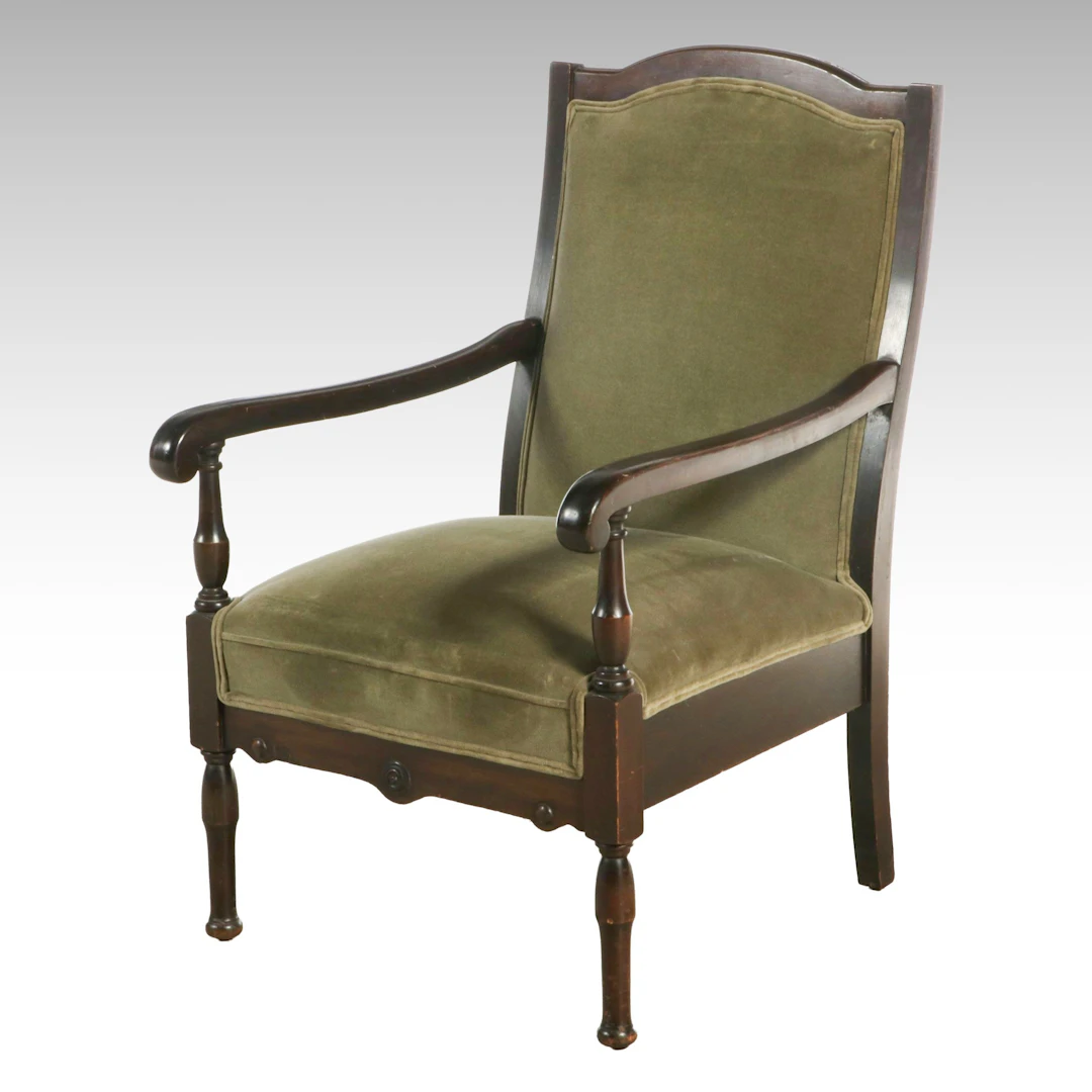 Traditional Wood Armchair with Green Velvet Upholstery, 20th Century