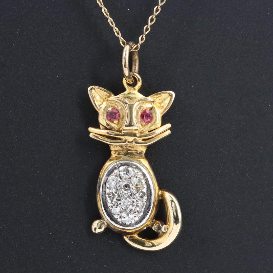 9K Pavé Diamond and Ruby Cat Pendant with 14K Necklace