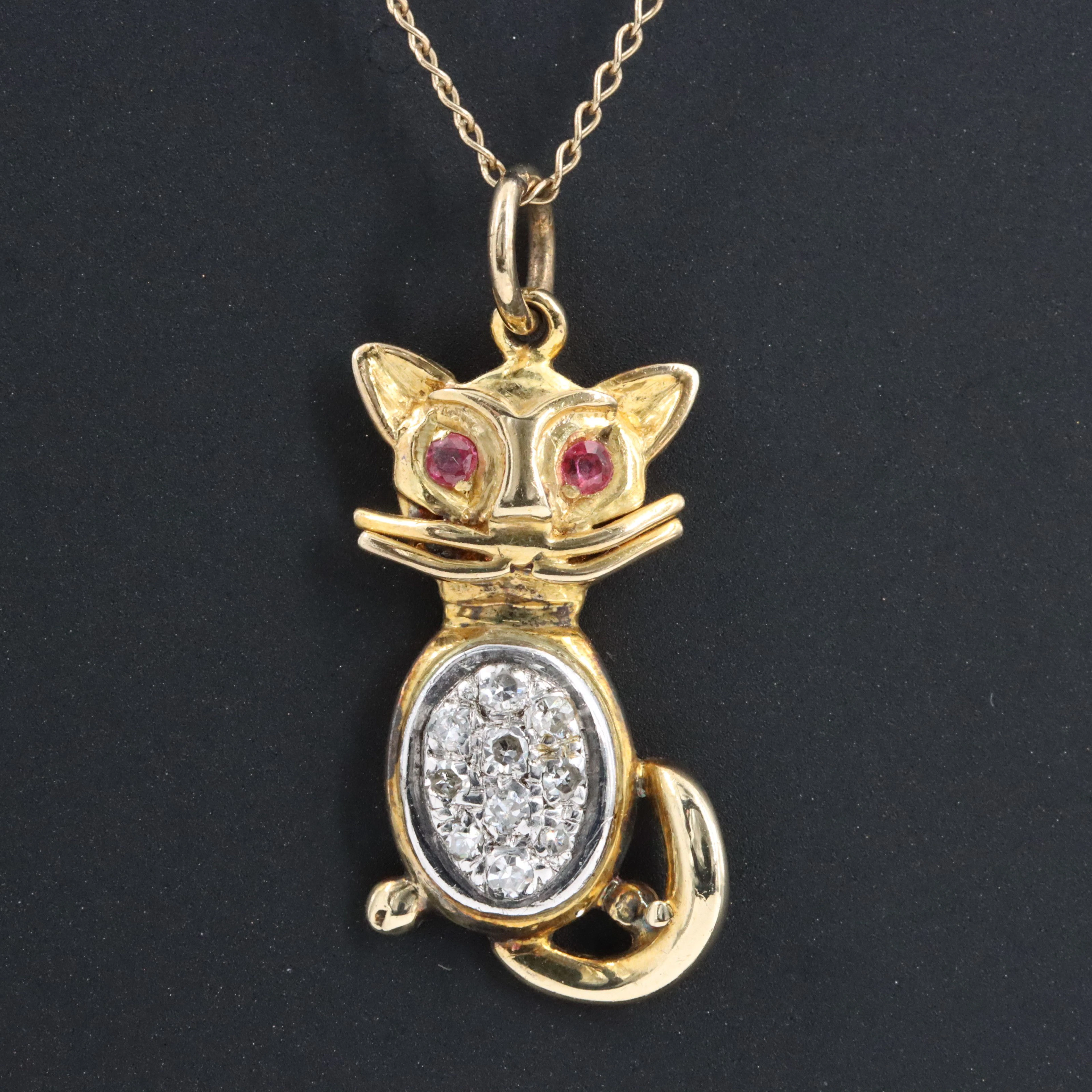 9K Pavé Diamond and Ruby Cat Pendant with 14K Necklace